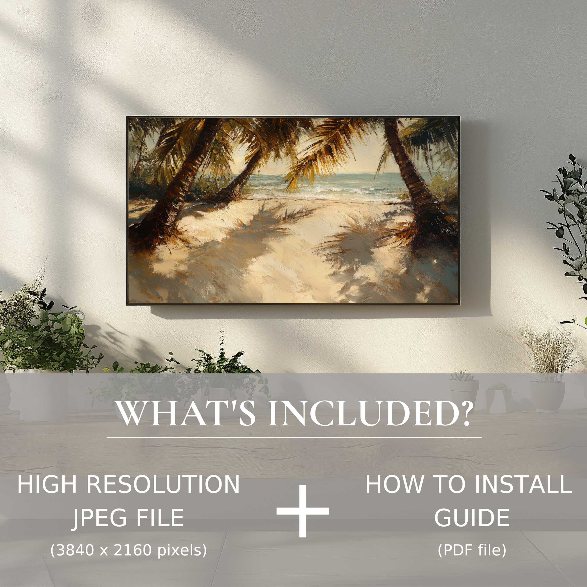 Elegant beach digital TV art download adds serene coastal charm, easy digital use enhances any stylish living space