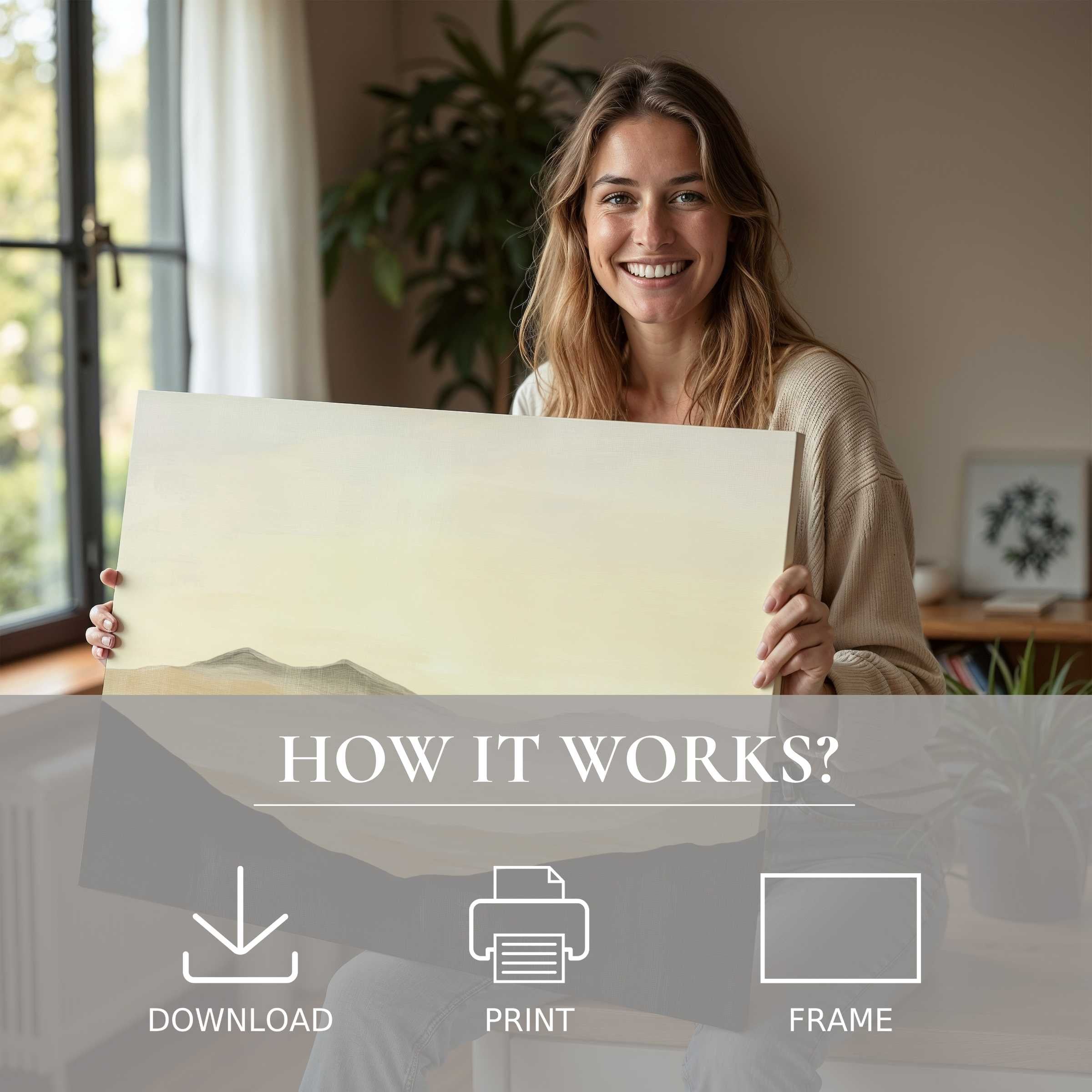 Radiant woman in a serene modern living space welcomes the effortless joy of a neutral digital art print, elevating home elegance