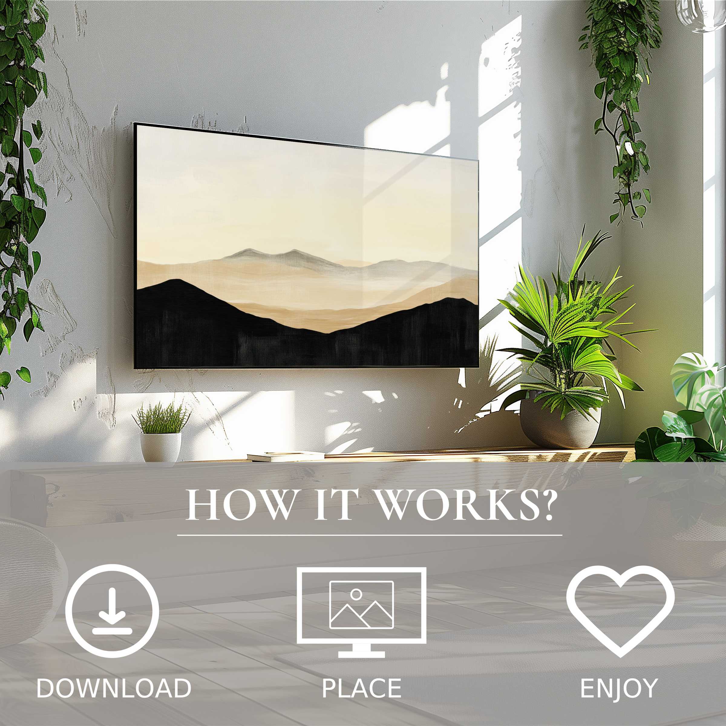Neutral art for Samsung TV with soft sunset tones, easy digital download, enhancing modern living spaces with calm decor