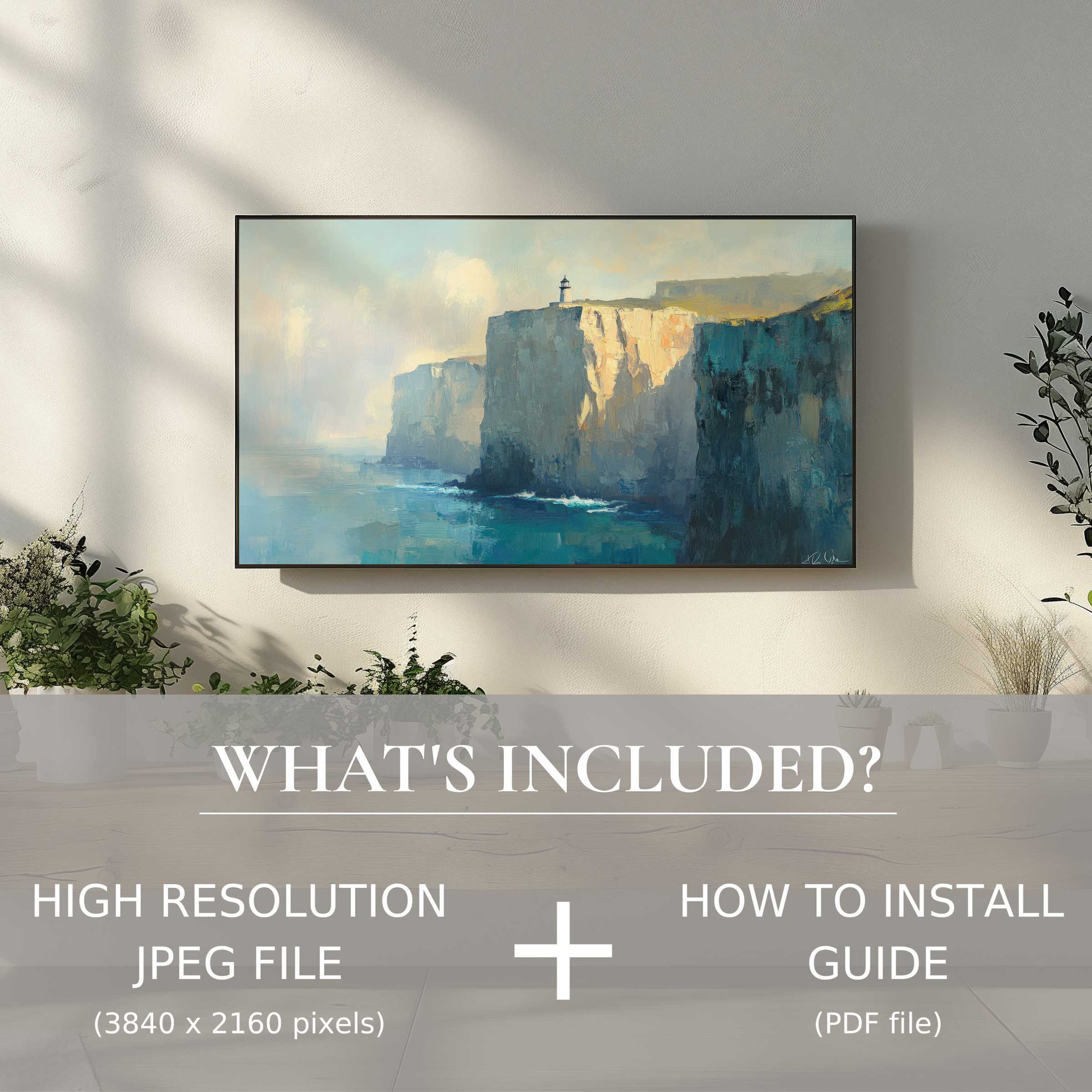 Elegant vintage digital TV art download featuring serene cliffs, enhancing living spaces with easy digital use