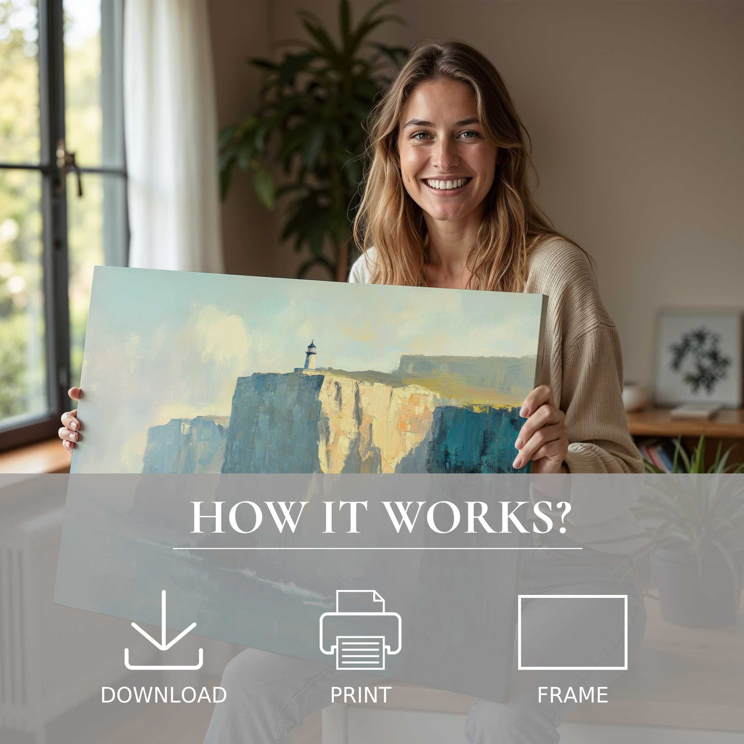 A serene moment captured as a woman joyfully embraces a vintage digital art print, adding timeless elegance to her modern home
