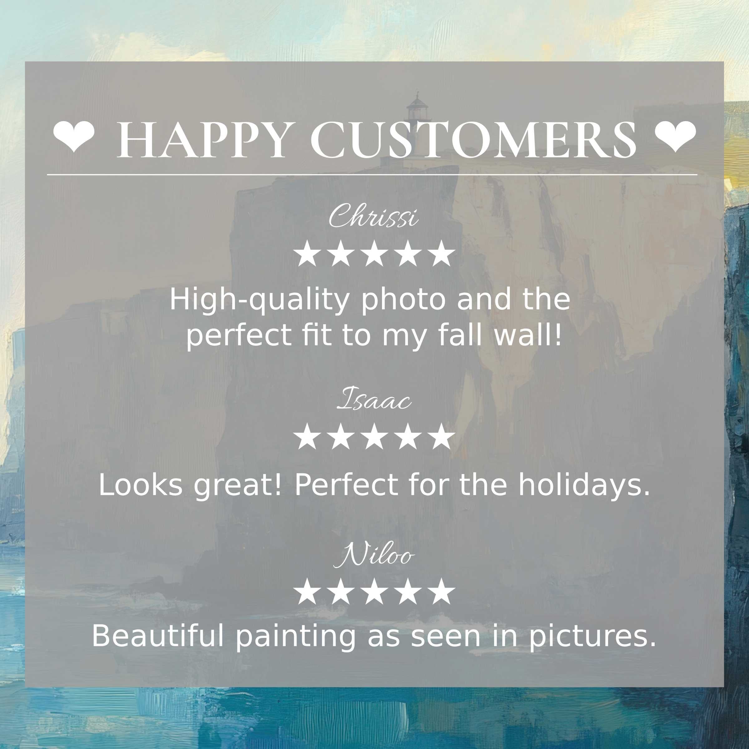 Elegant vintage art for Frame TV with coastal cliffs background and happy customer reviews building trust