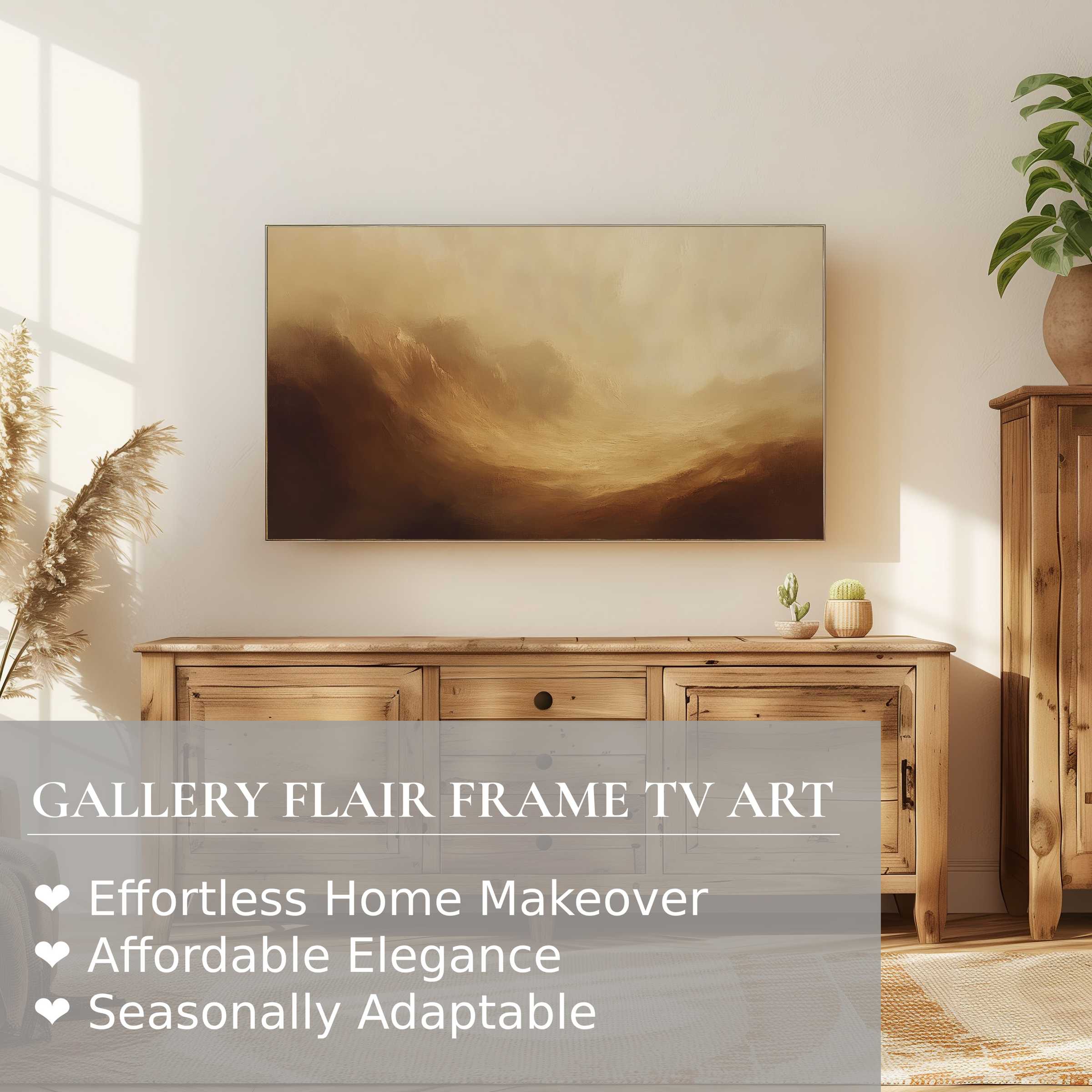 Samsung Frame TV displays warm, abstract landscape digital artwork in a serene, stylish living space ambiance