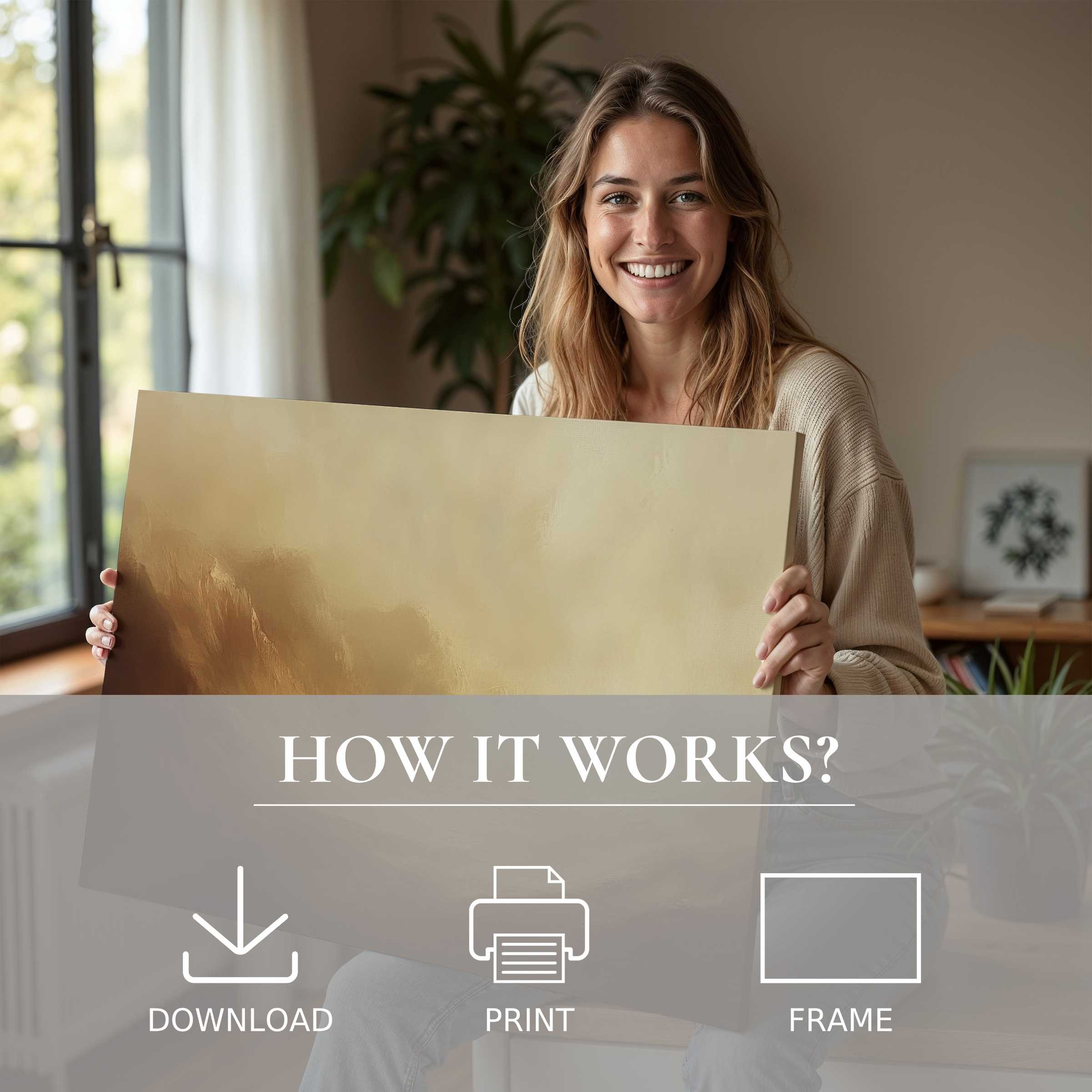 Radiant moment of connection with landscape digital art print in a modern home, embracing effortless elegance and joy