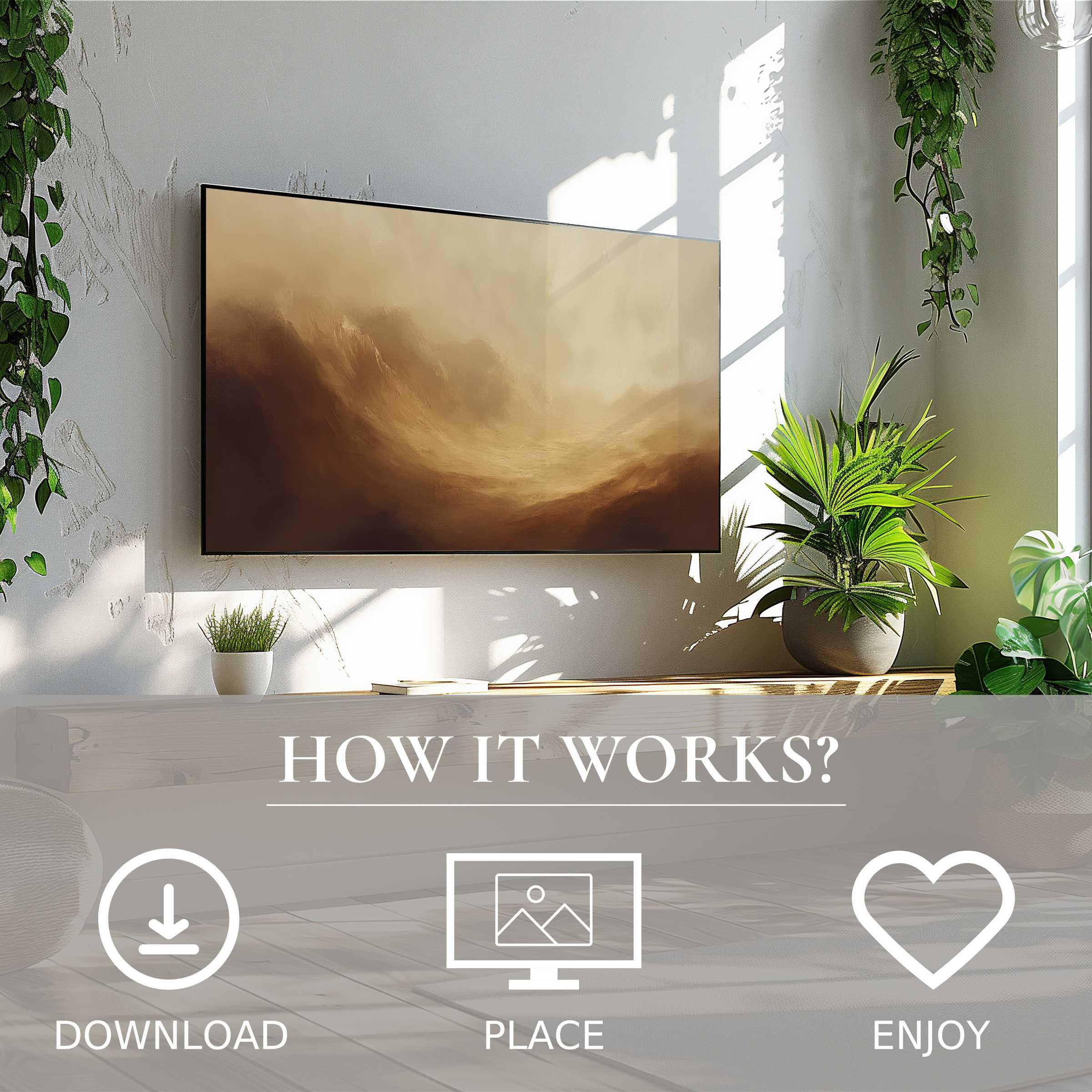 Modern living room with green plants and landscape art for Samsung TV, soft sunset tones, easy digital download