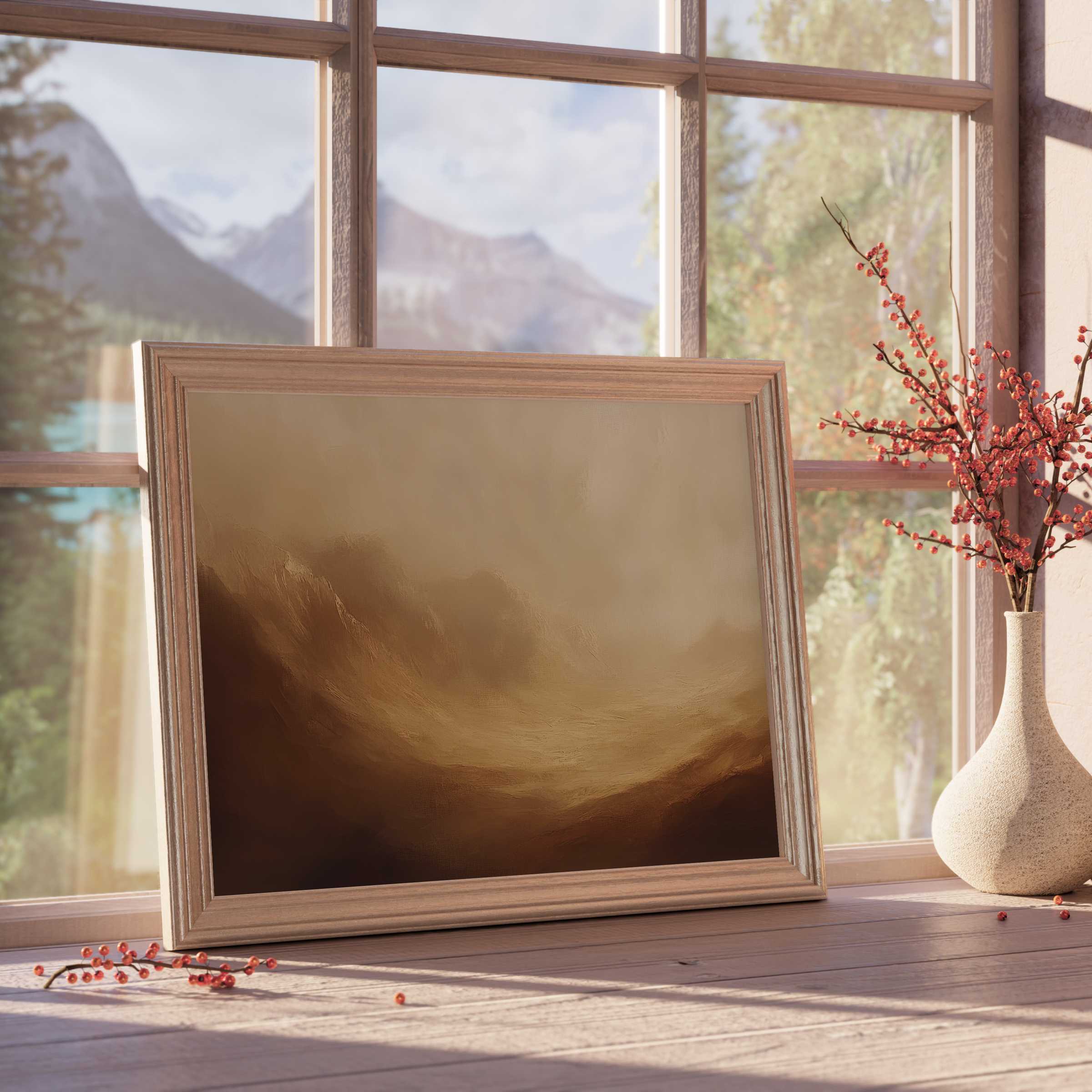 Serene landscape downloadable art in warm earth tones, enhancing curated, tranquil interiors with timeless, elegant mountain vistas