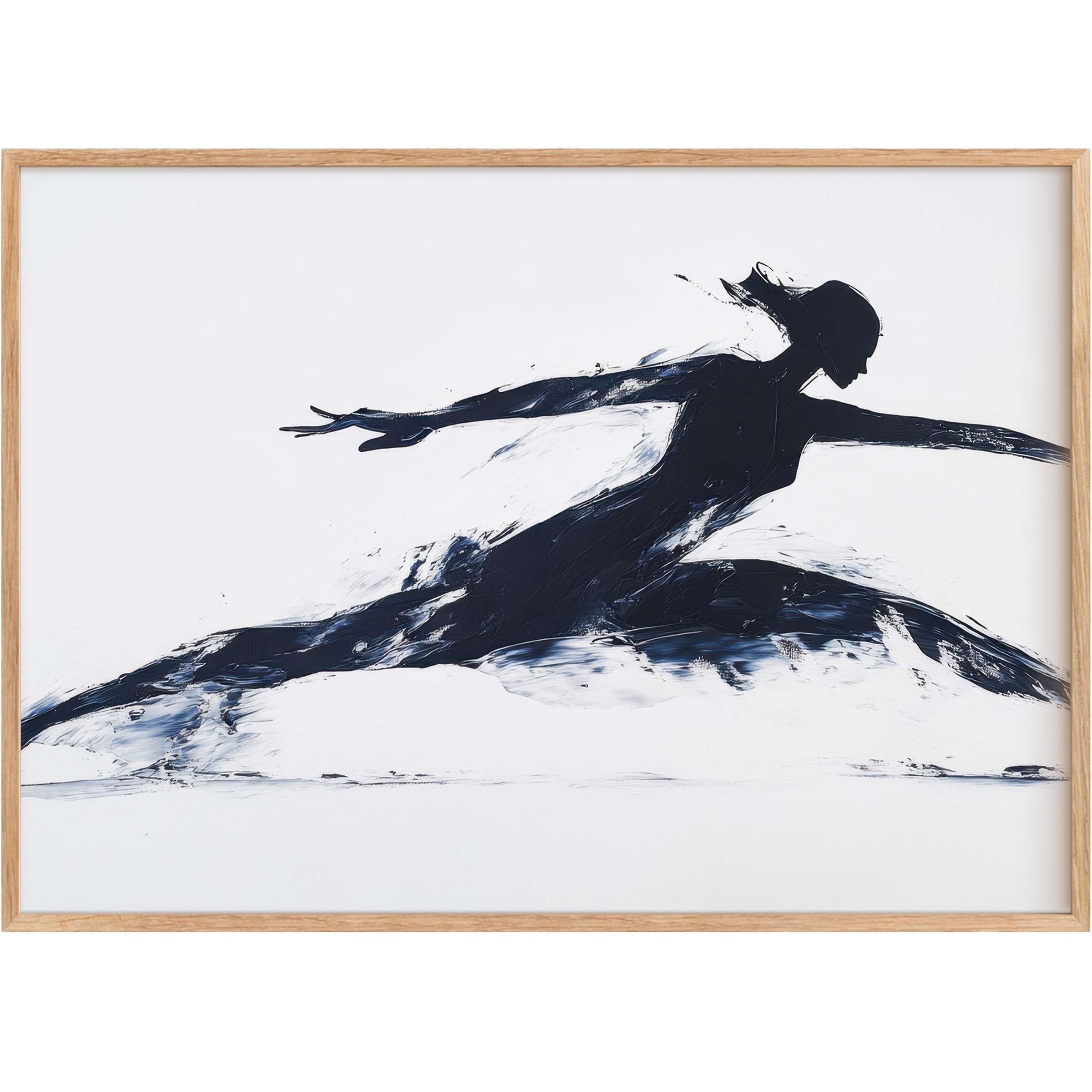Minimalist printable wall art capturing dynamic motion with bold black strokes on white, evoking strength and elegance