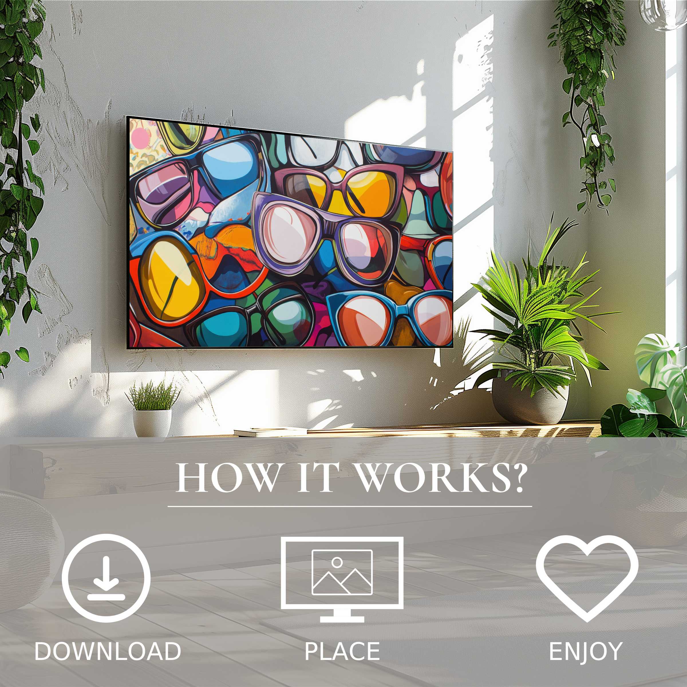 Pop art art for Samsung TV showing vibrant sunglasses motif; easy digital download enriches modern living spaces