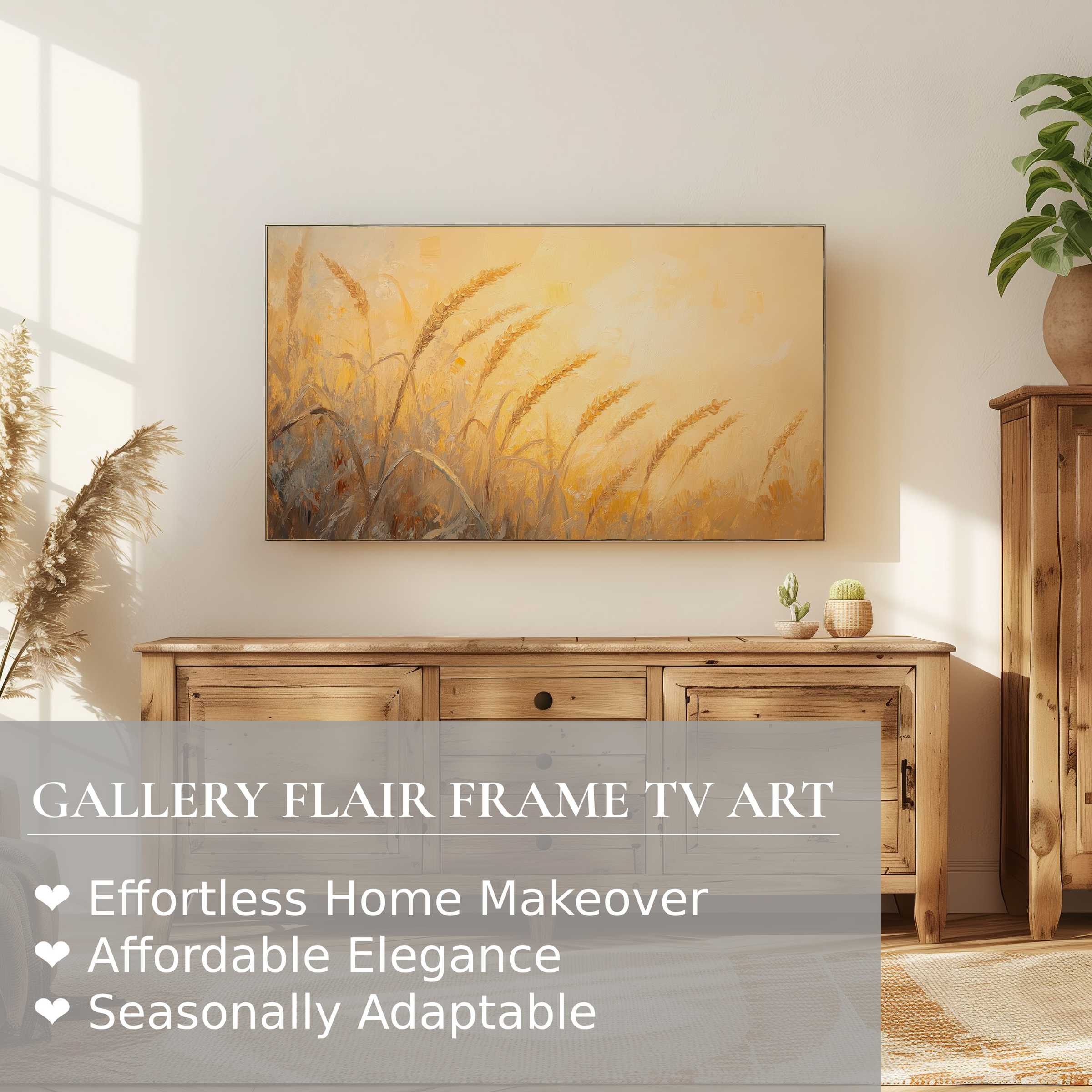 Samsung Frame TV showcases warm, impressionist summer digital artwork, elevating refined rustic home decor style