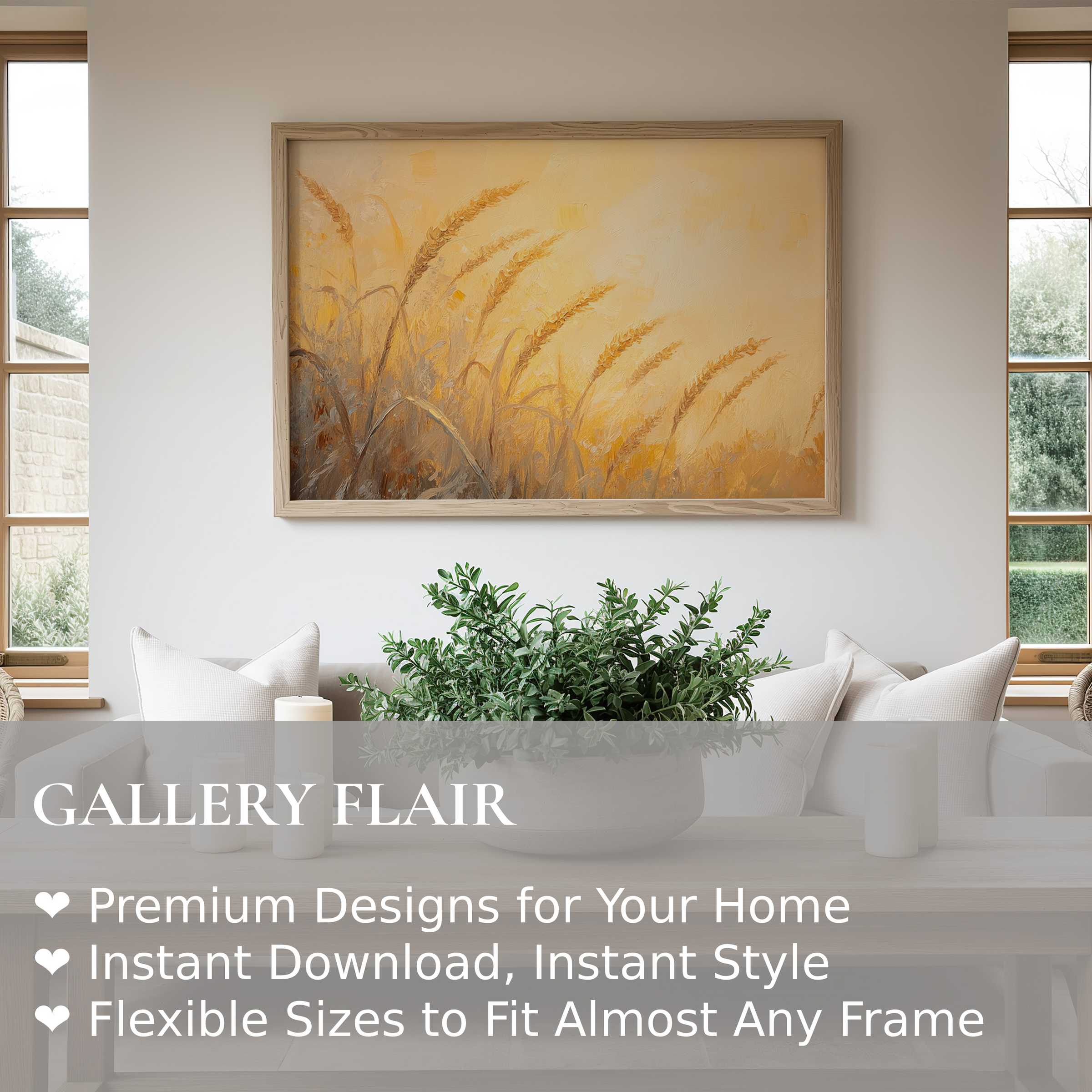 Summer wall art print of golden wheat fields radiates warmth and calm in a modern, airy living room, enhancing the serene, natural decor
