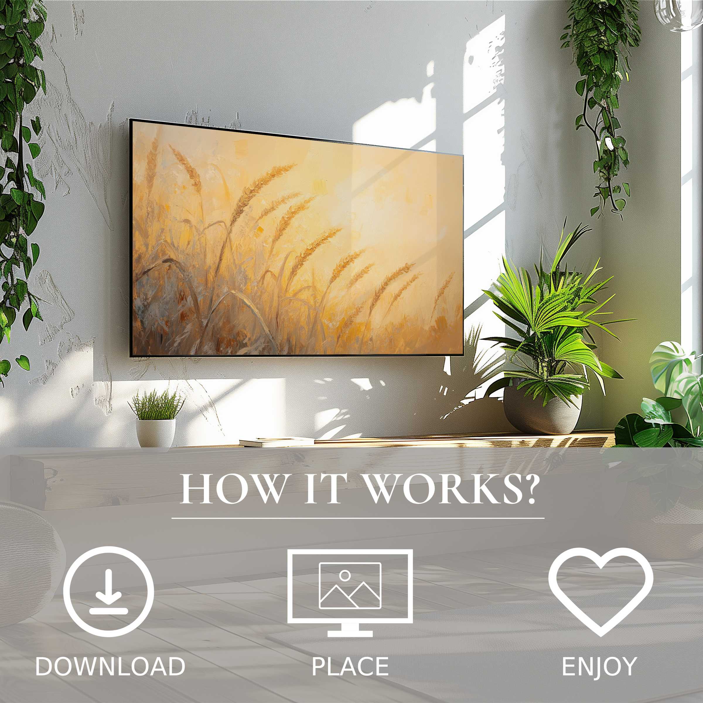 Summer art for Samsung TV shows soft sunset tones of wheat; easy digital download enriches modern living spaces