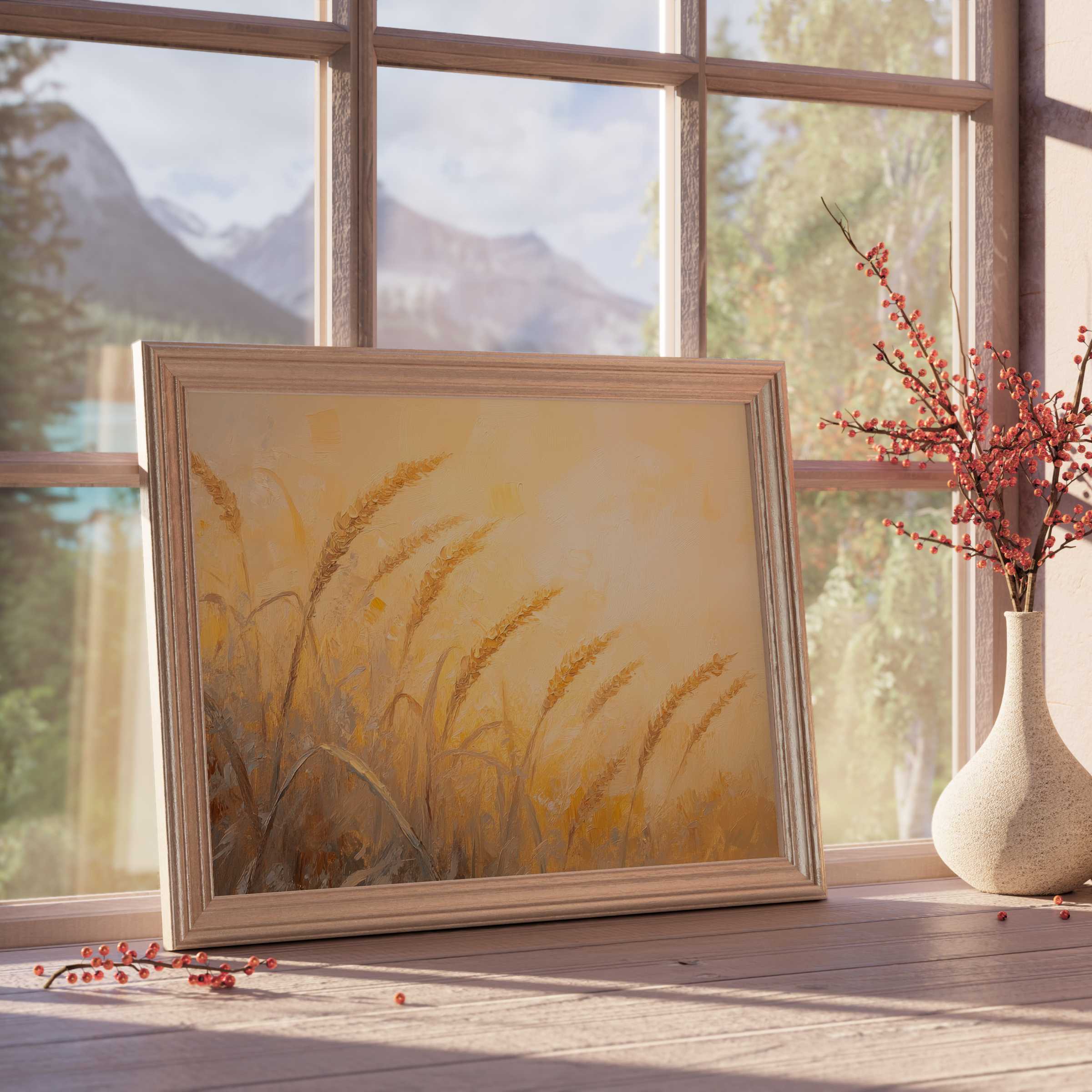 Summer downloadable art capturing golden wheat fields basking in warm sunlight, enriching serene, curated interiors with timeless elegance