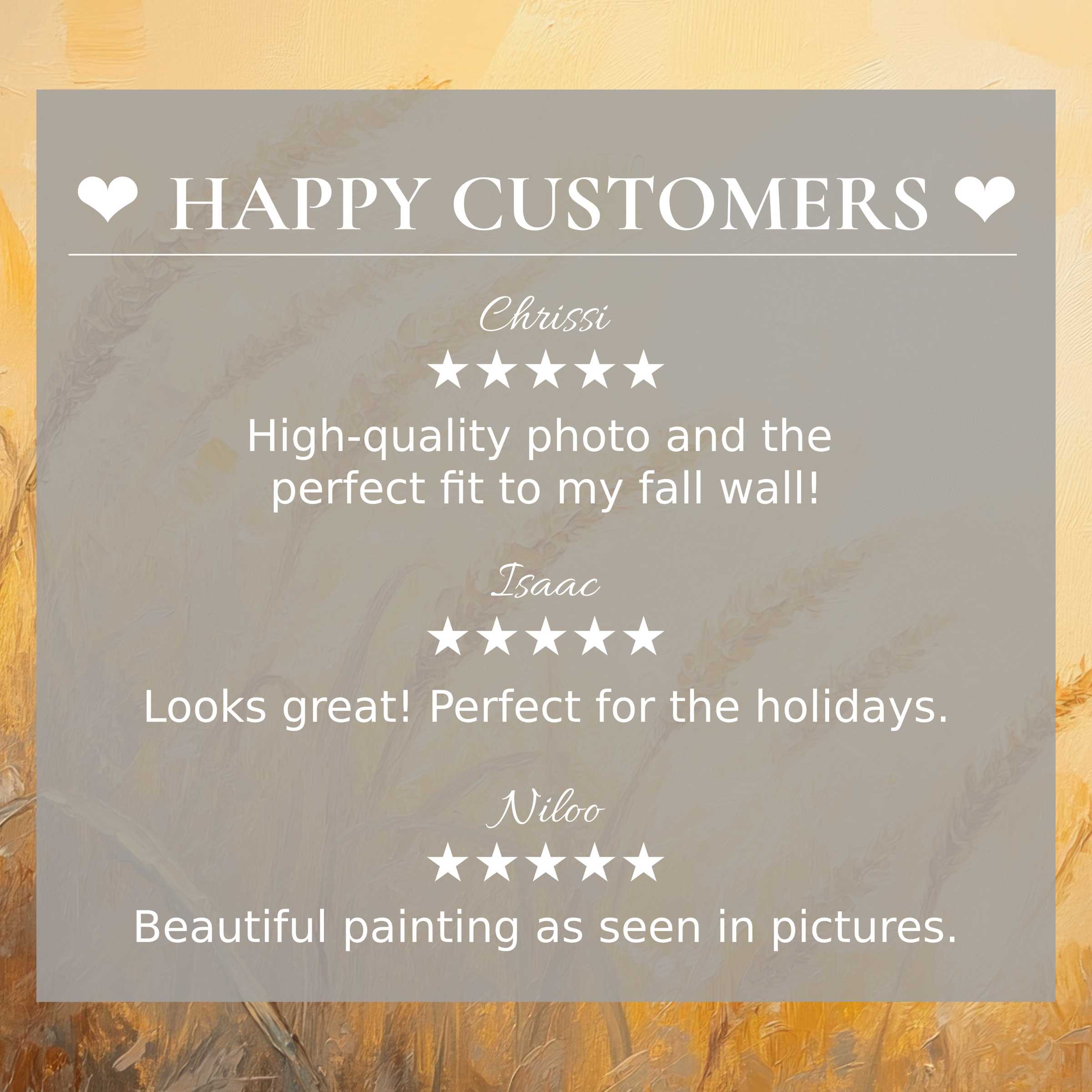 Elegant layout with abstract sunset hues backing positive reviews, showcasing summer art for Frame TV and a happy customer