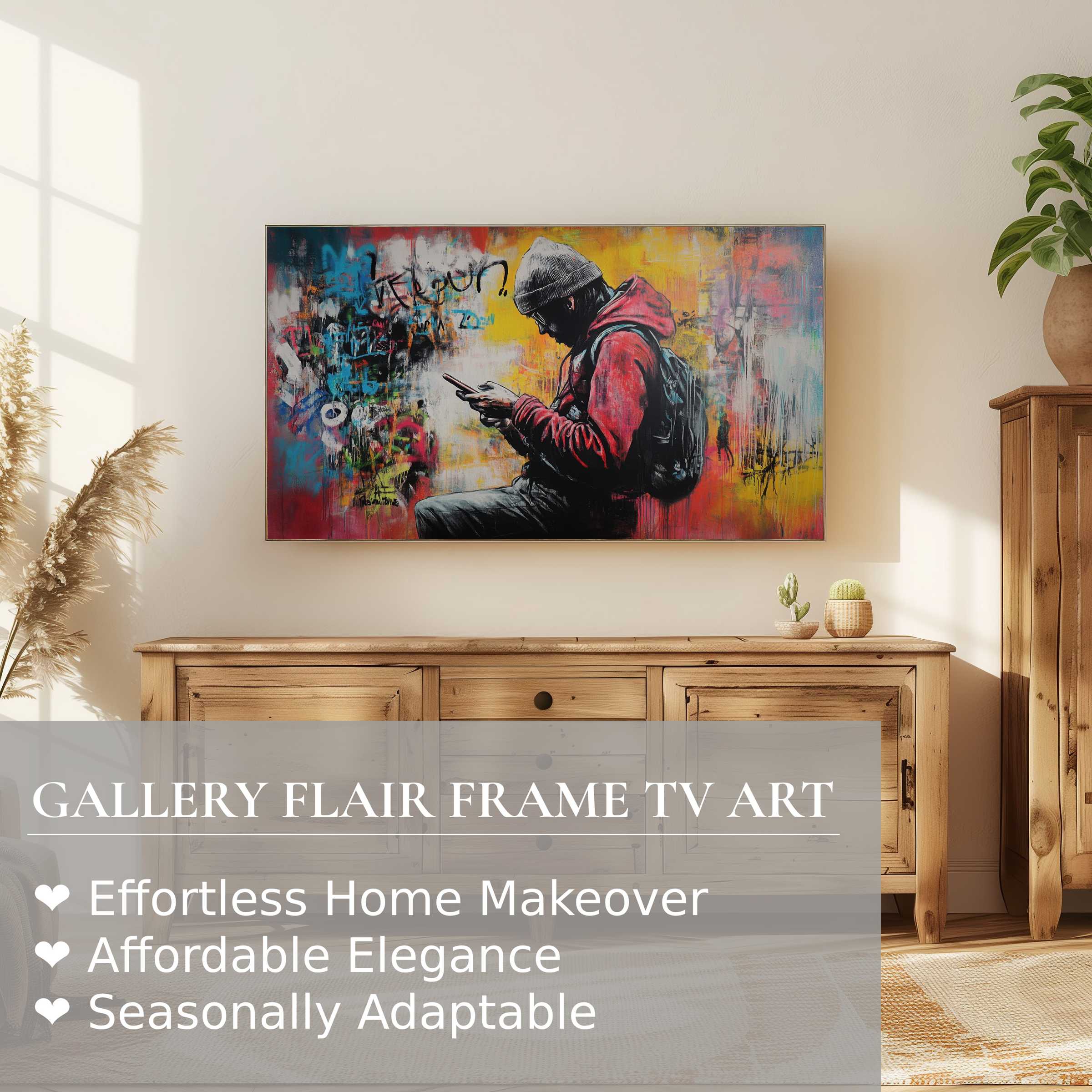 Modern living room with warm wood tones and a vibrant street art digital artwork on Samsung Frame TV