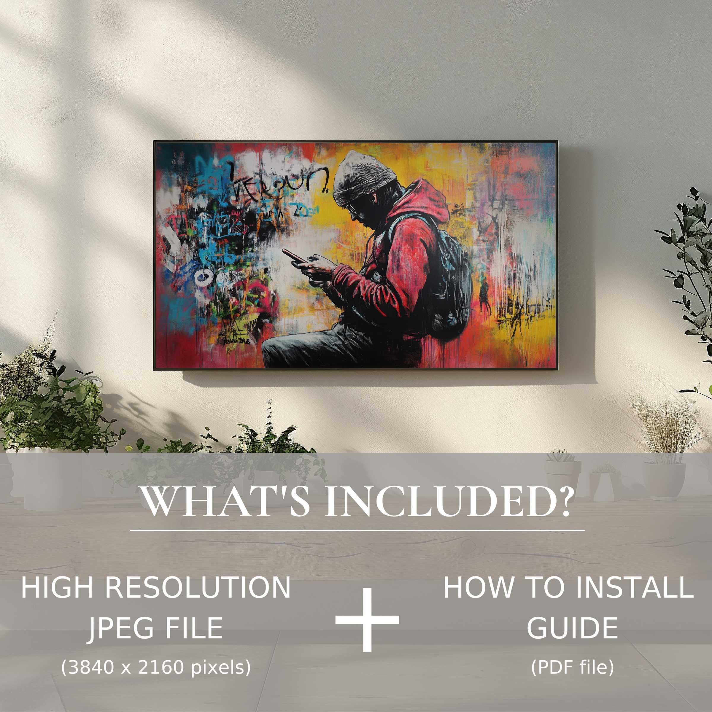 Modern living space elevated by street art digital TV art download; easy digital use enhances style and ambiance