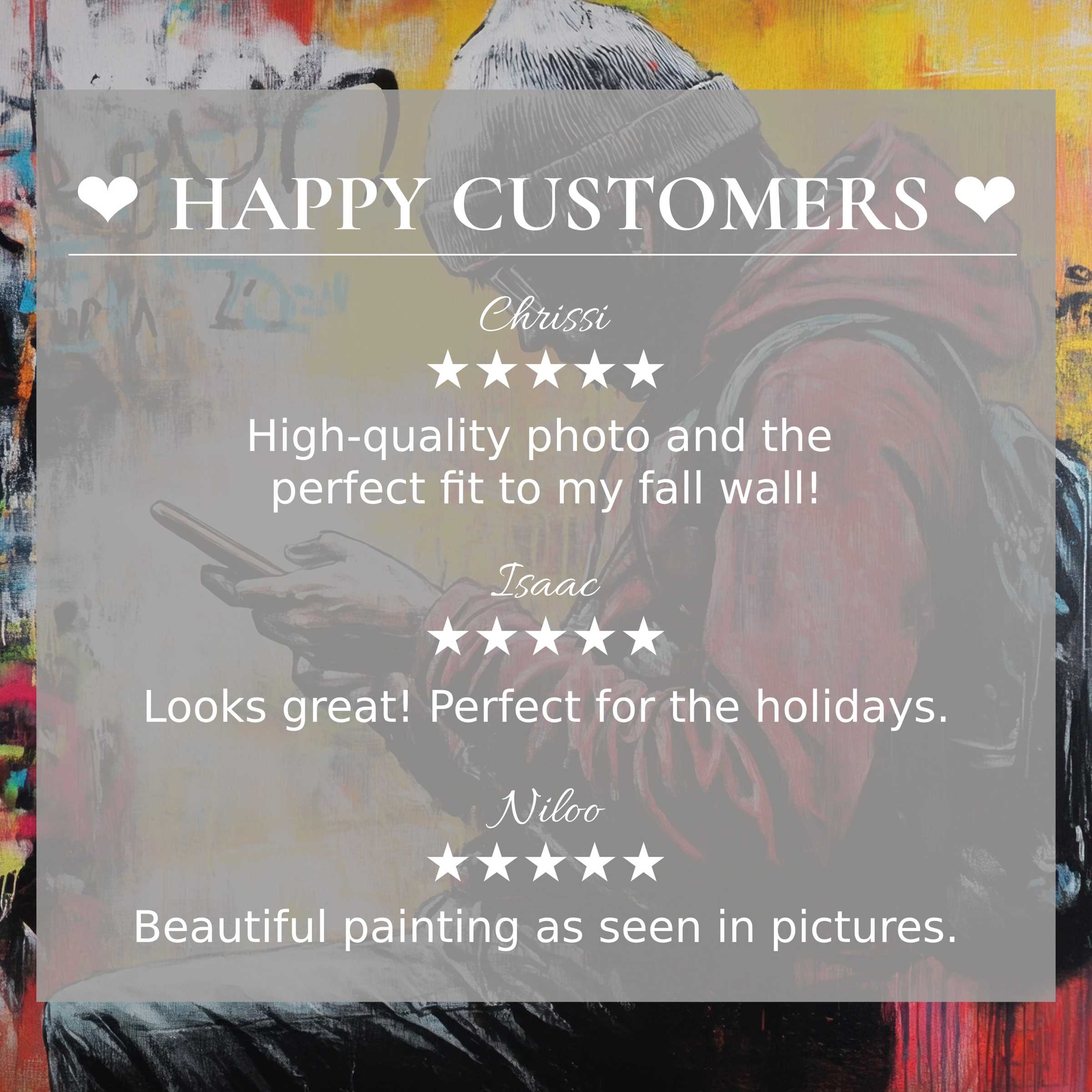 Street art for Frame TV with abstract sunset hues and happy customer reviews showcasing trust and refined style