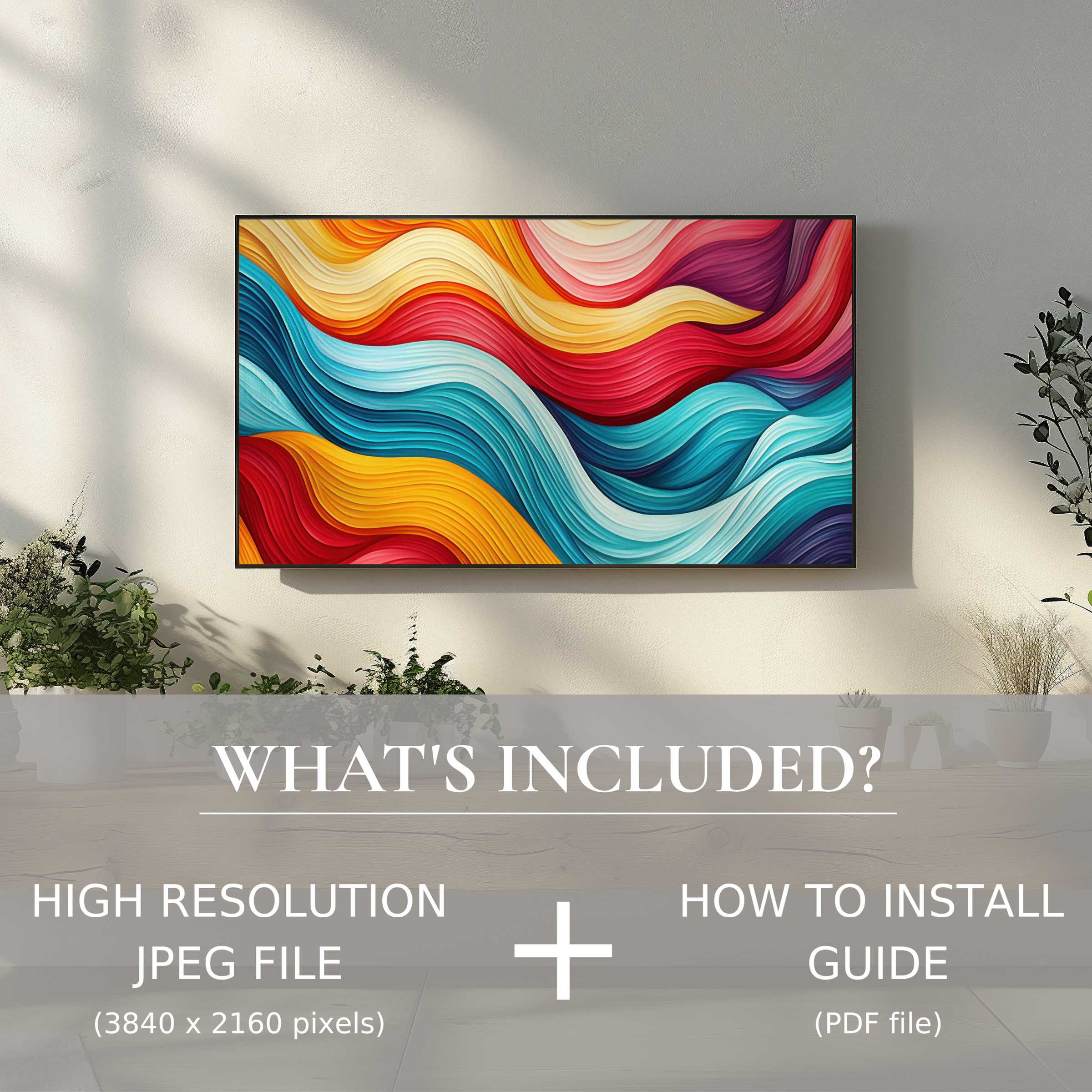 Modern digital TV art download showcasing vibrant waves, enhancing any living space with effortless digital elegance