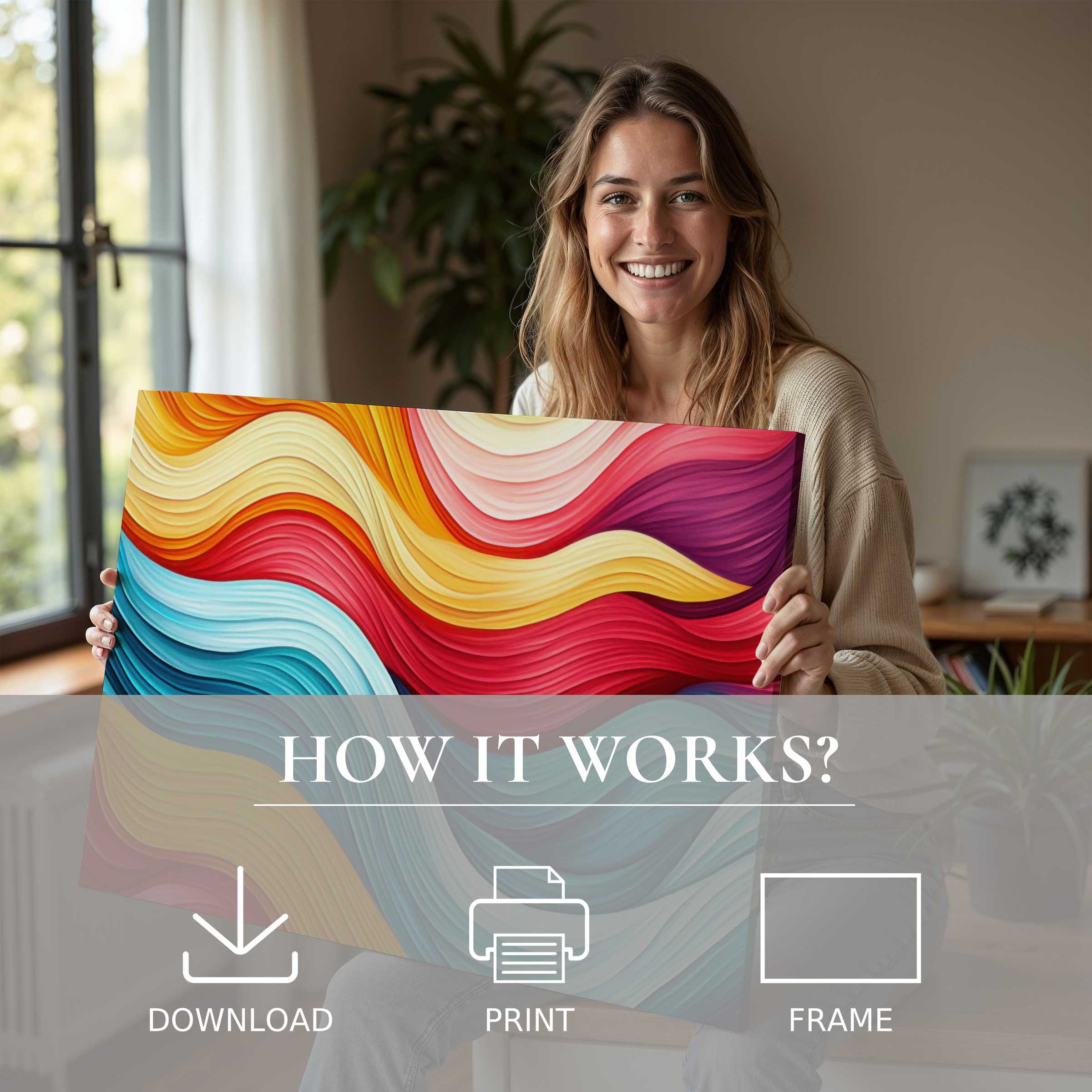 A joyful woman in a serene, stylish home revels in the vibrant warmth of a modern digital art print, celebrating effortless elegance