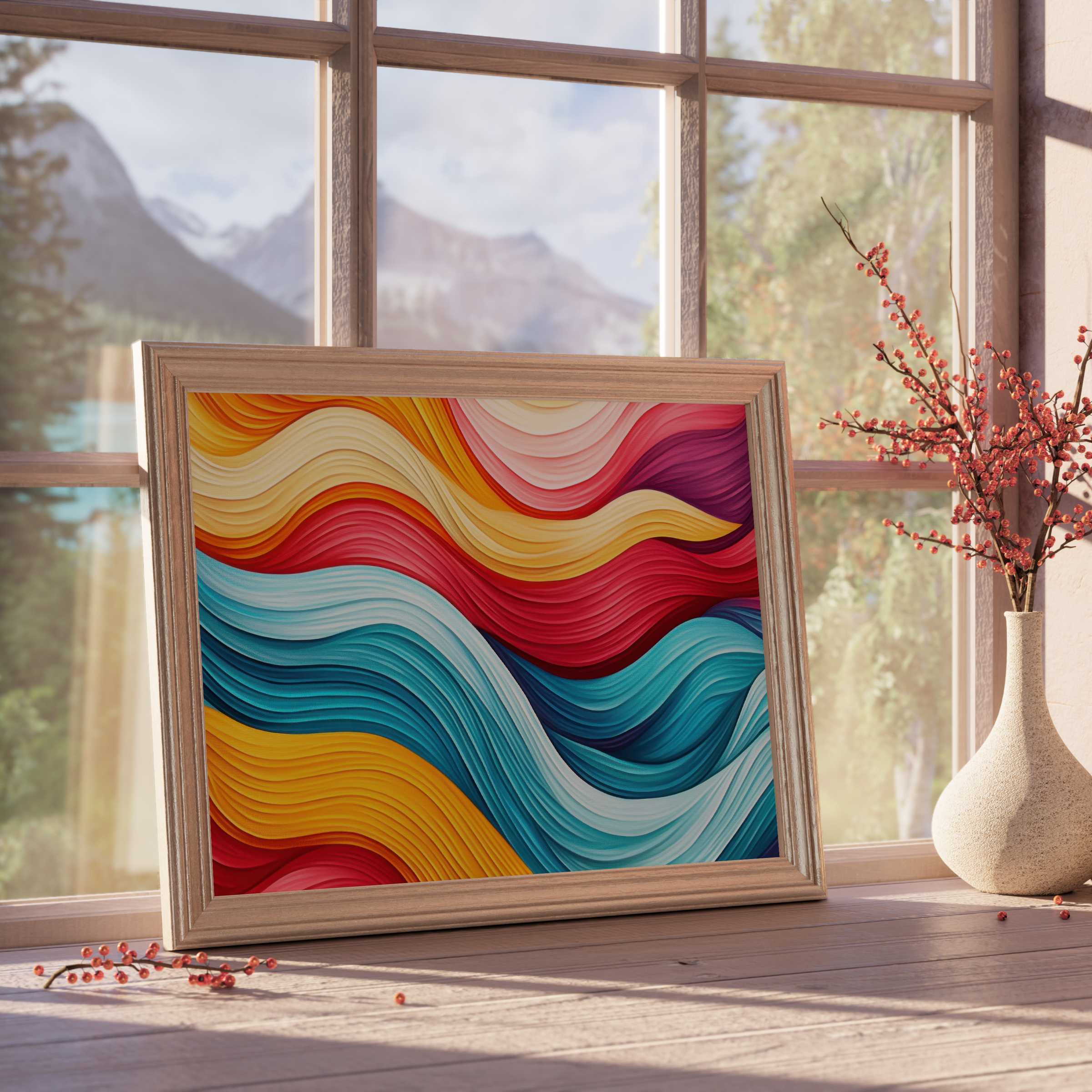 Modern downloadable art featuring vibrant, flowing waves in warm and cool hues, perfect for curated, tranquil interiors