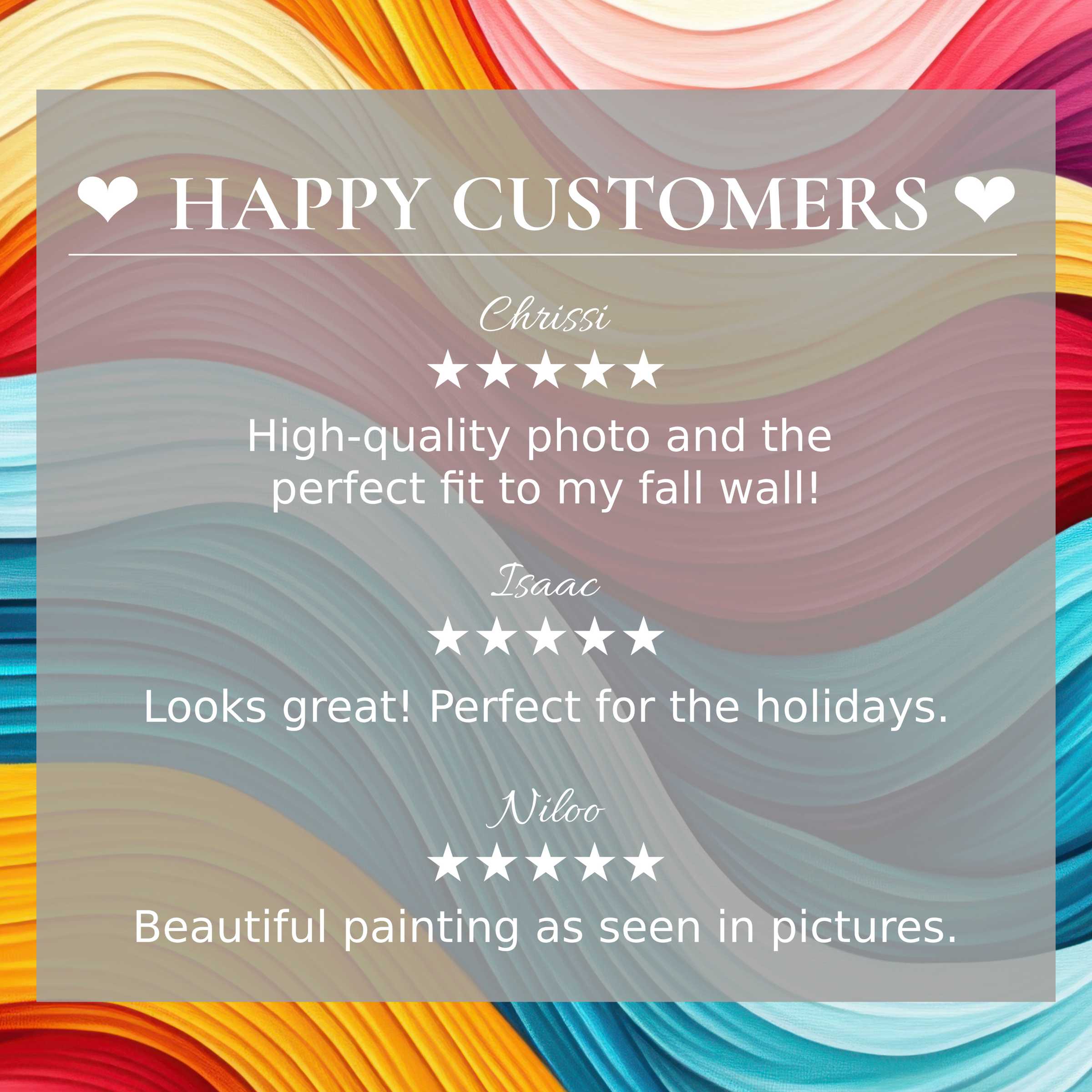 Happy customer reviews overlay vibrant abstract sunset colors, modern art for Frame TV conveying trust and elegance