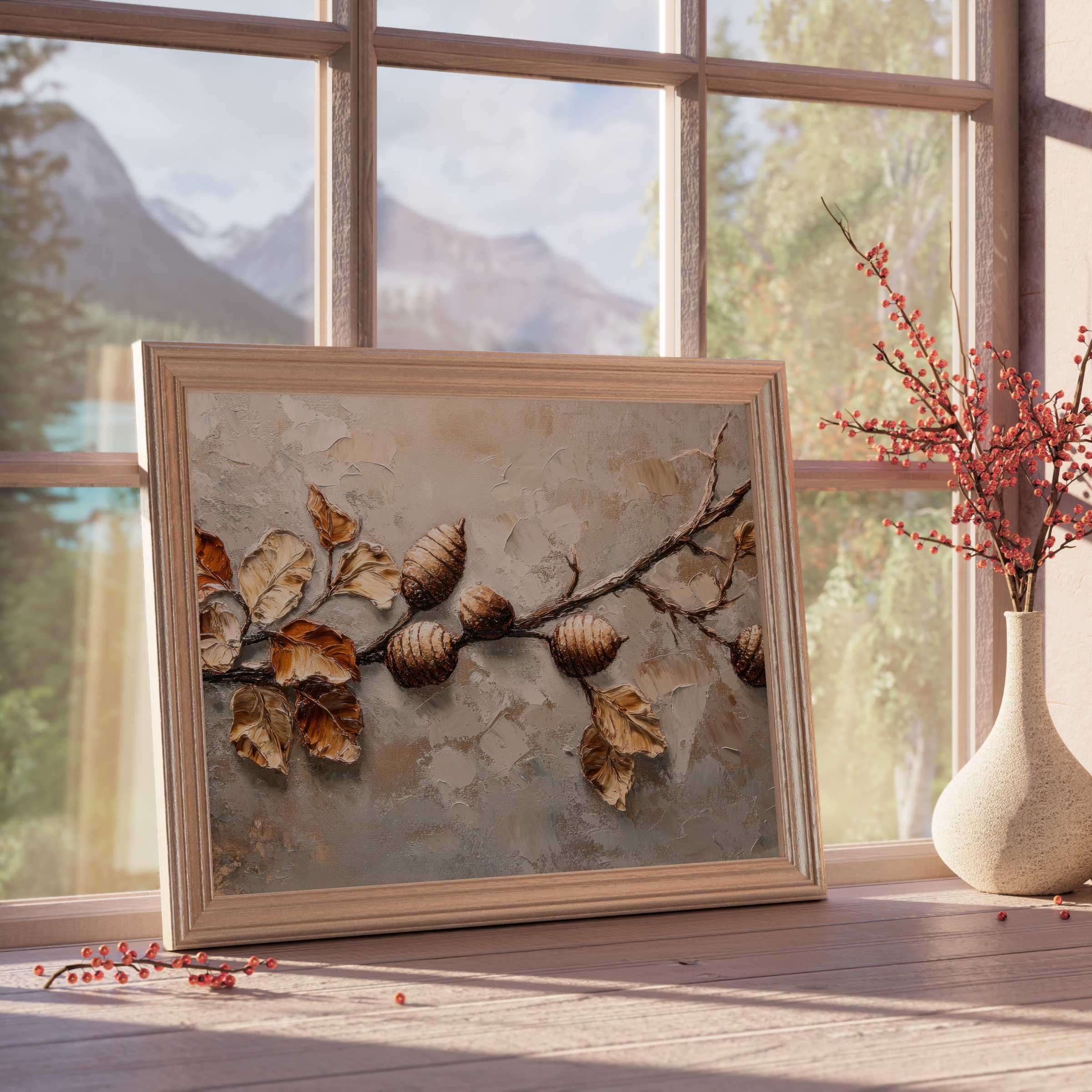 Elegant tree downloadable art featuring textured autumnal pinecones and leaves, enriching tranquil, curated interiors with warm earthy tones
