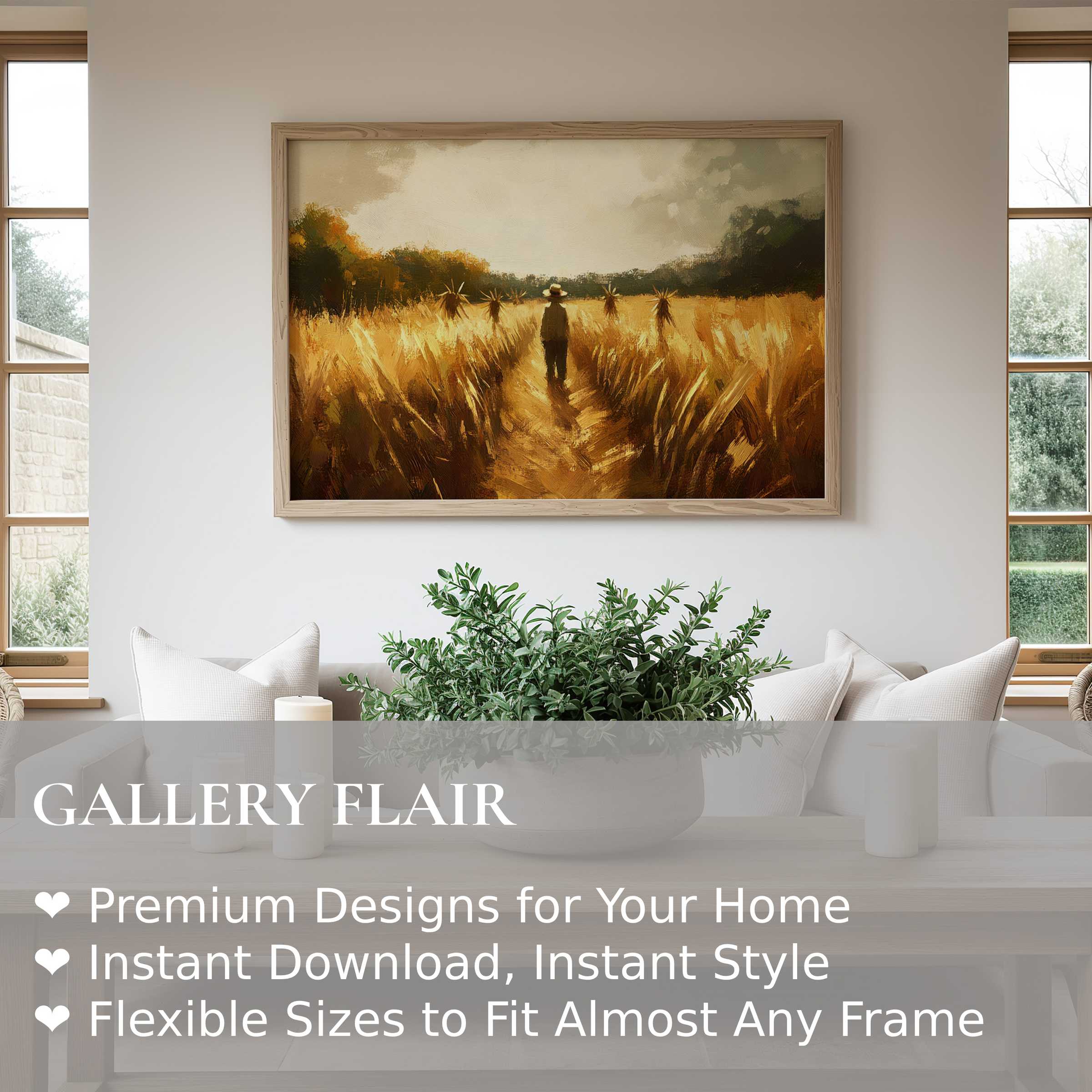Fall wall art print depicting a radiant golden wheat field with a solitary figure, enhancing modern rustic interiors with warm, calming ambiance