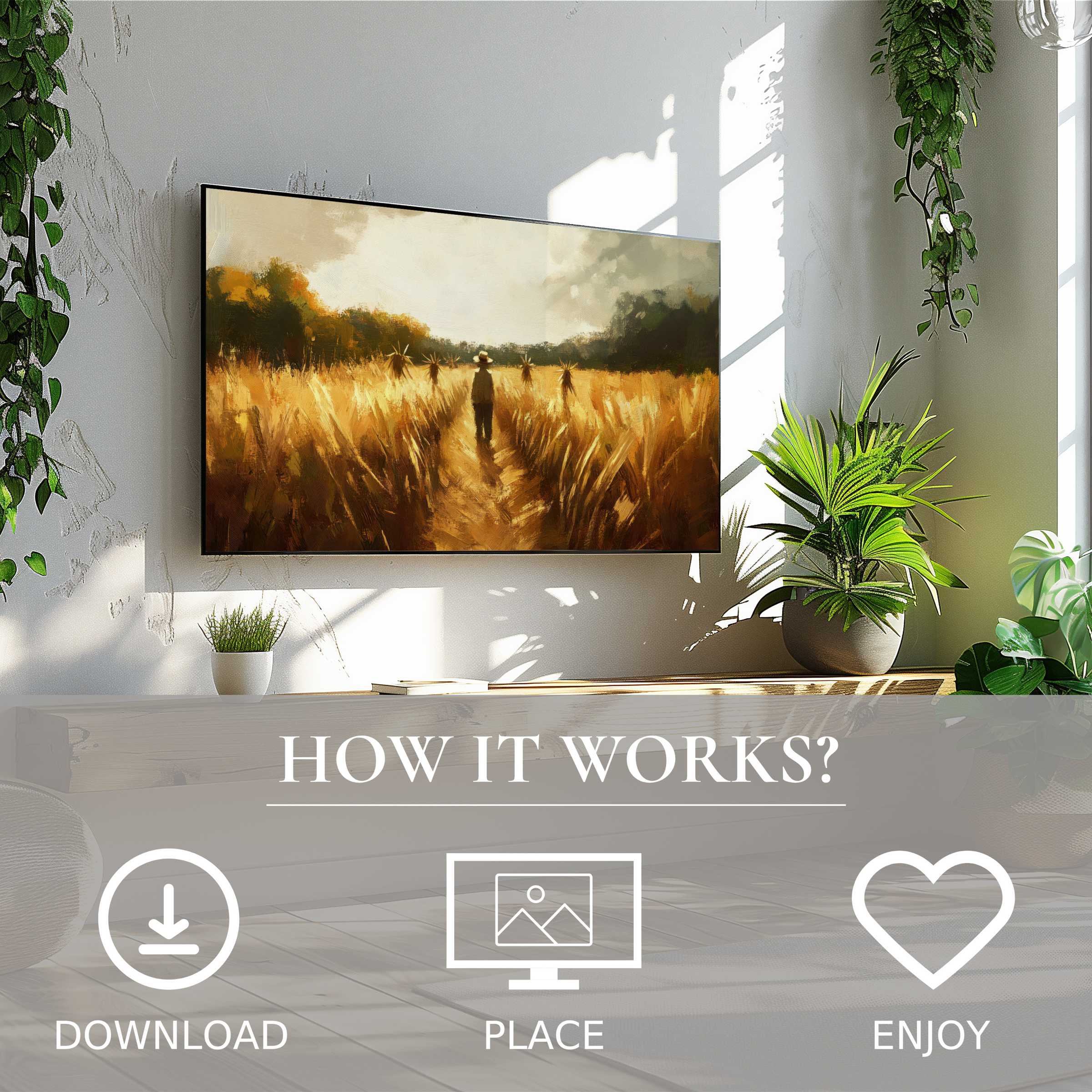 Fall art for Samsung TV shows warm golden wheat field tones, simple digital download enhances modern living spaces