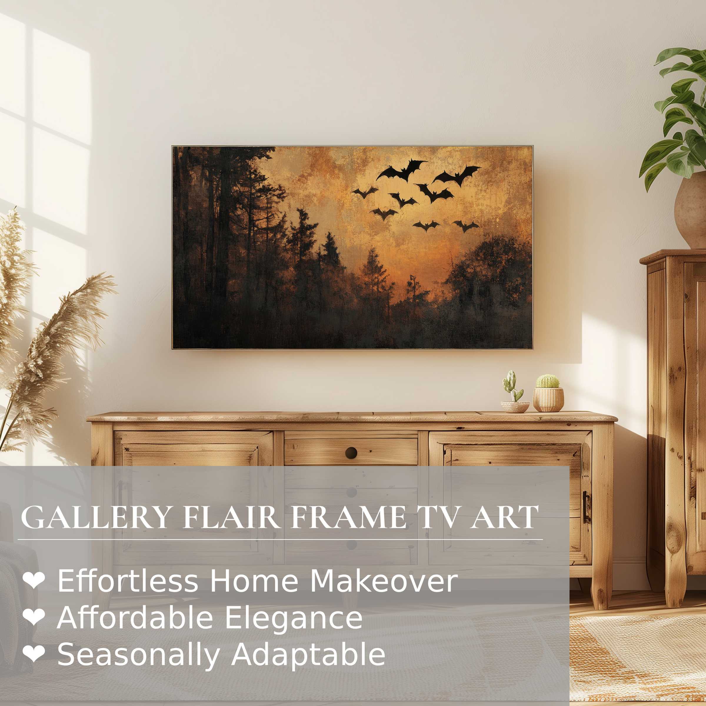 Samsung Frame TV displaying elegant halloween digital artwork with bats over a moody forest in warm tones
