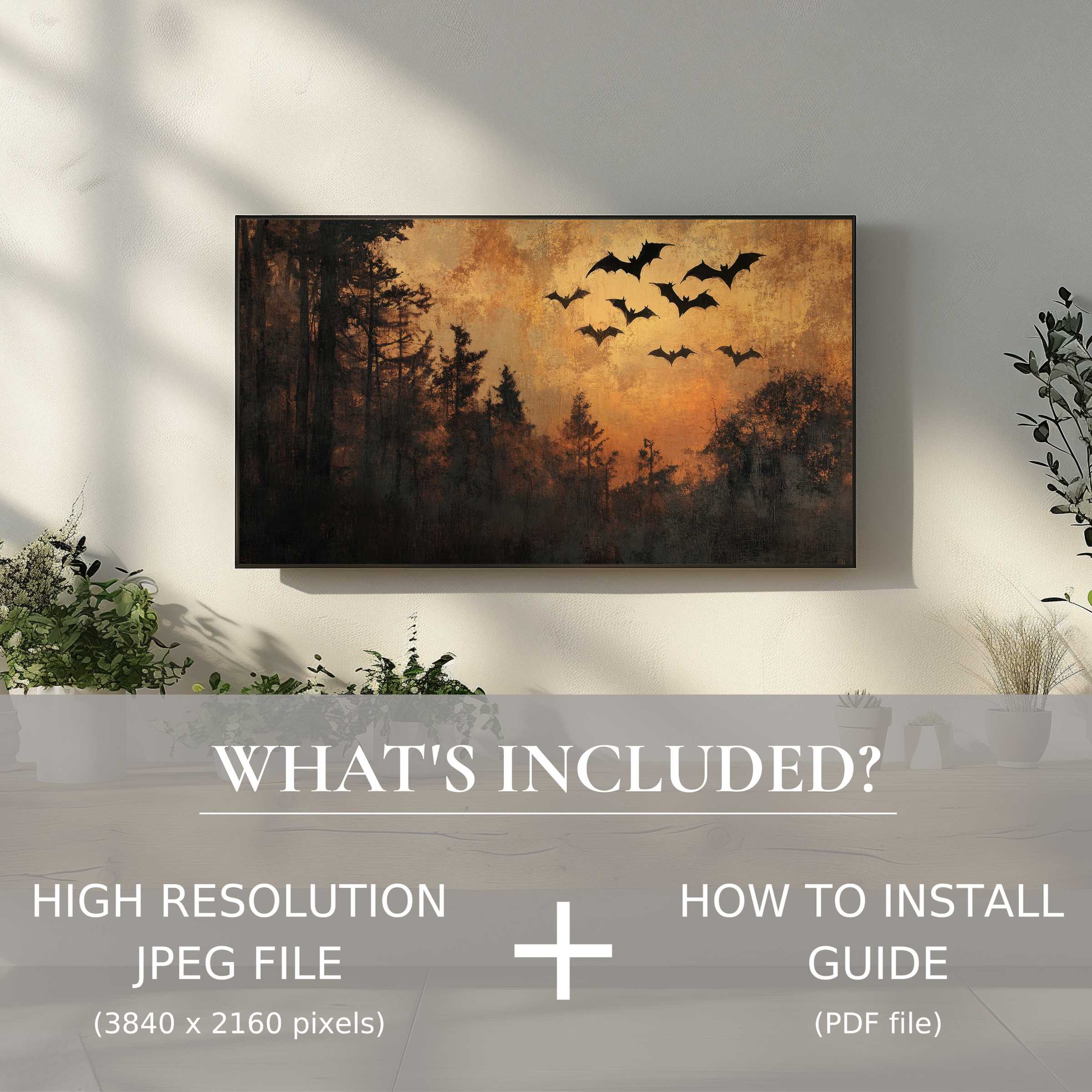 Elegant Halloween digital TV art download with easy use, enhancing modern living spaces with warm, moody forest tones and bats