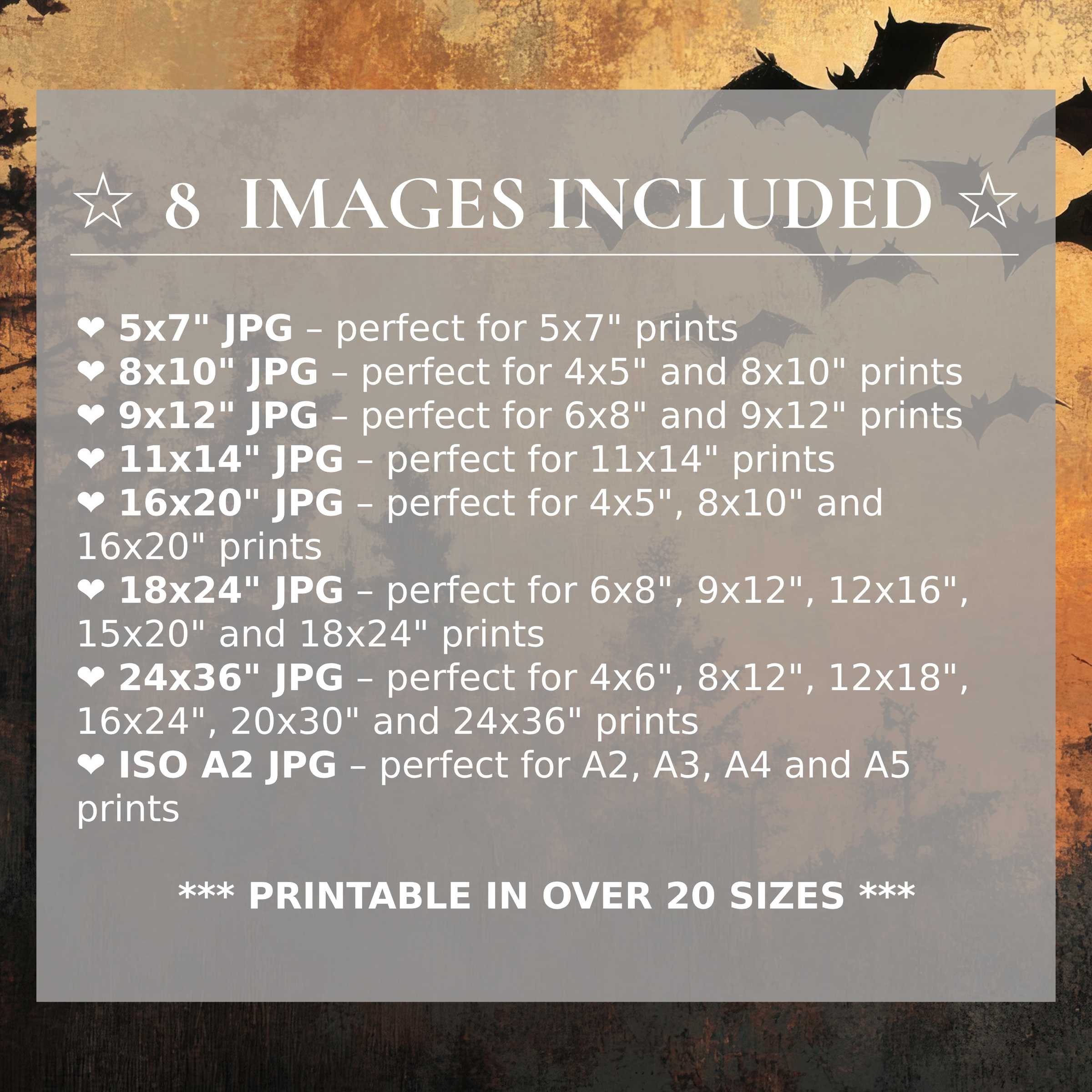 Halloween digital print with bold black bats and warm amber hues, offered in 8 high-quality sizes to elevate modern interiors