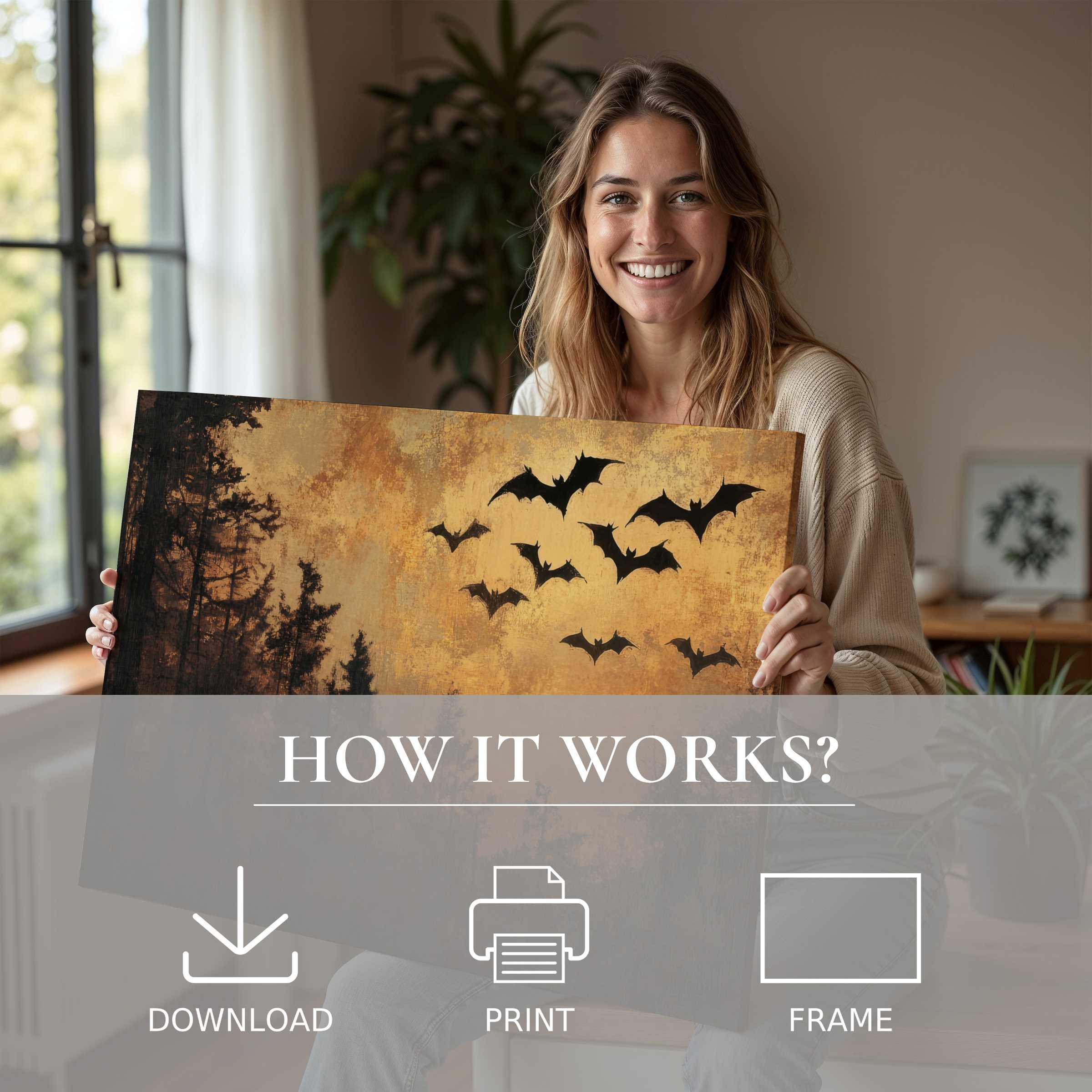 Elegant halloween digital art print embraced in a modern home, capturing serene joy and effortless art living