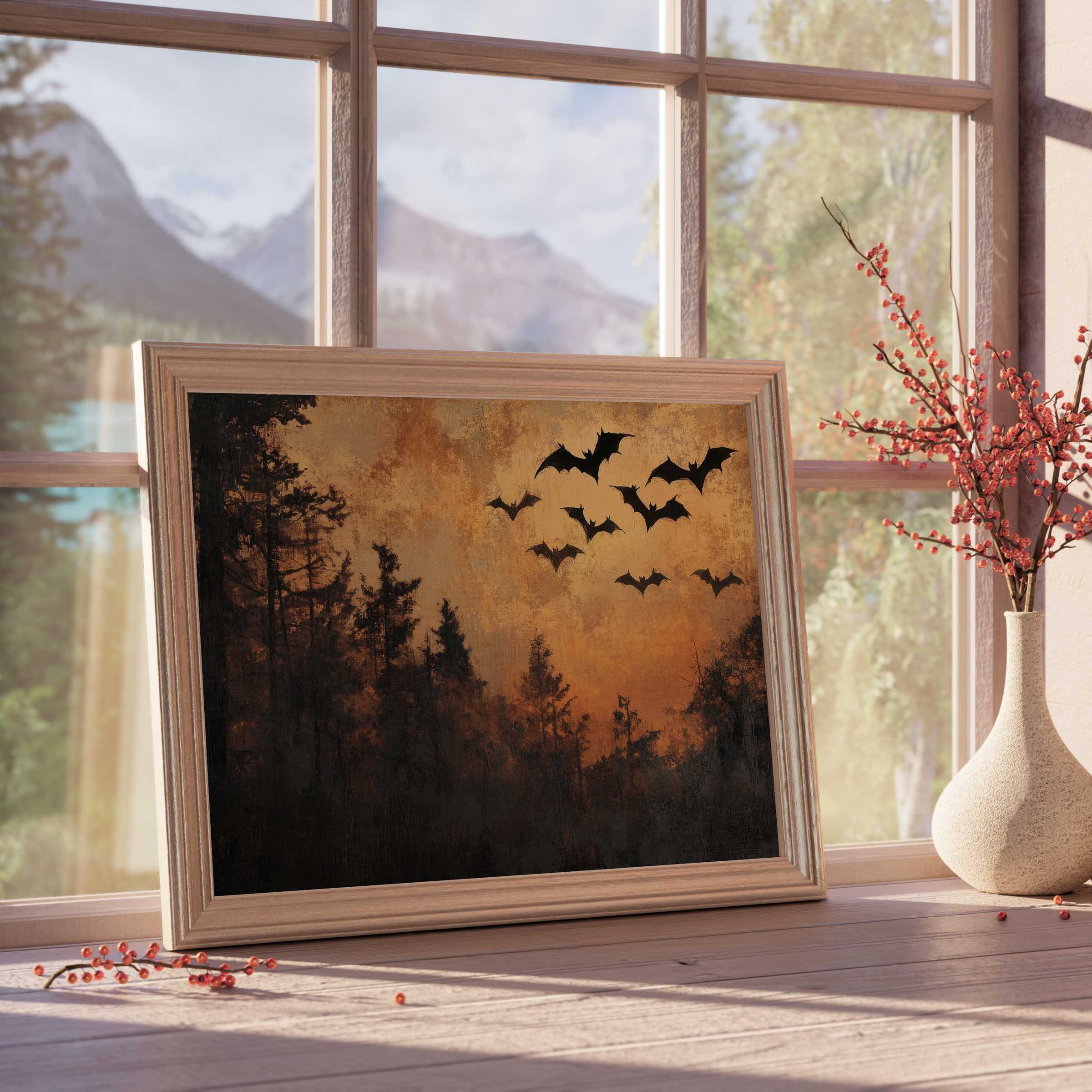 Halloween downloadable art featuring dark silhouetted bats over a moody forest at dusk, enhancing curated, tranquil interiors with warm, atmospheric allure