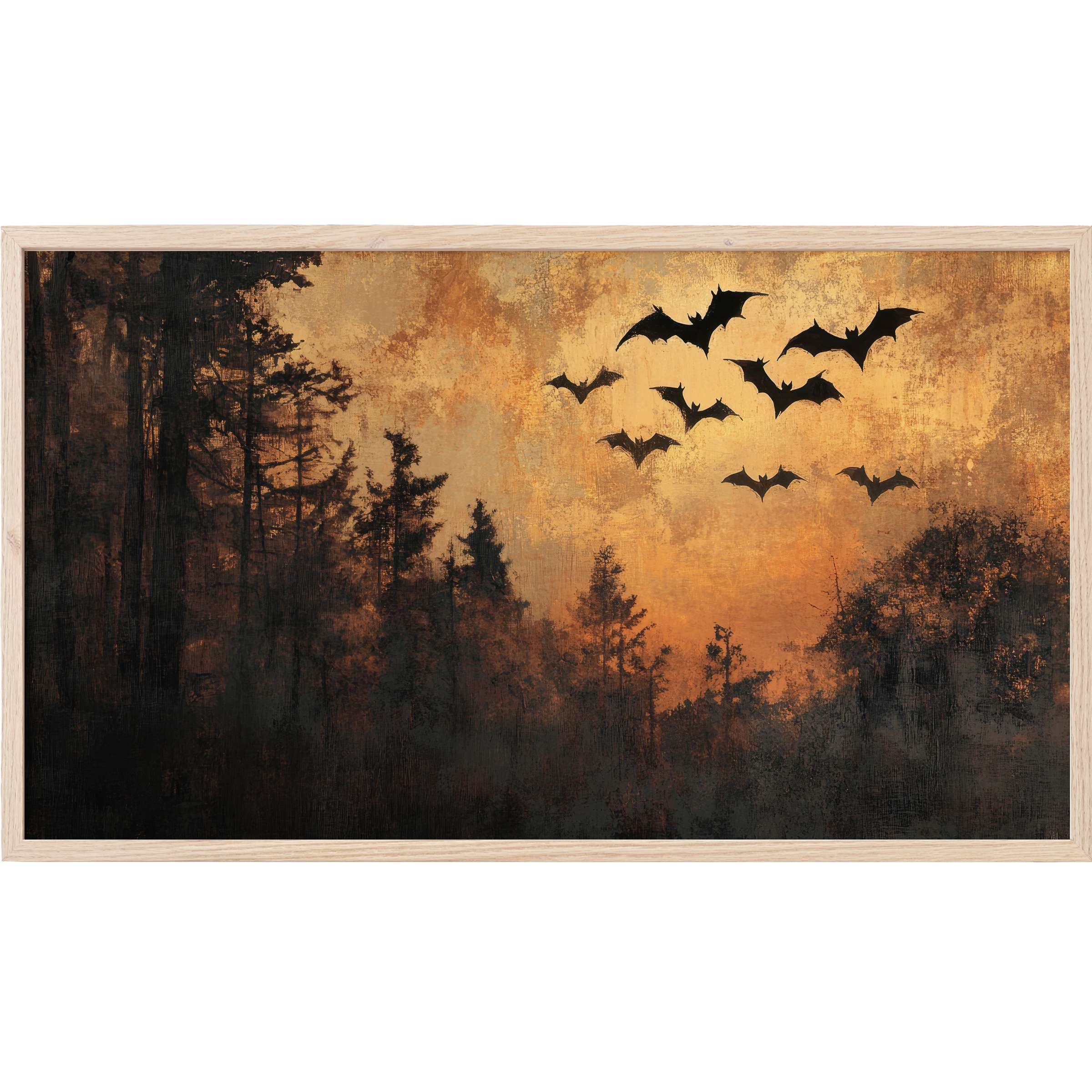 Moody forest silhouette at dusk with flying bats in warm amber tones, perfect halloween Frame TV Art