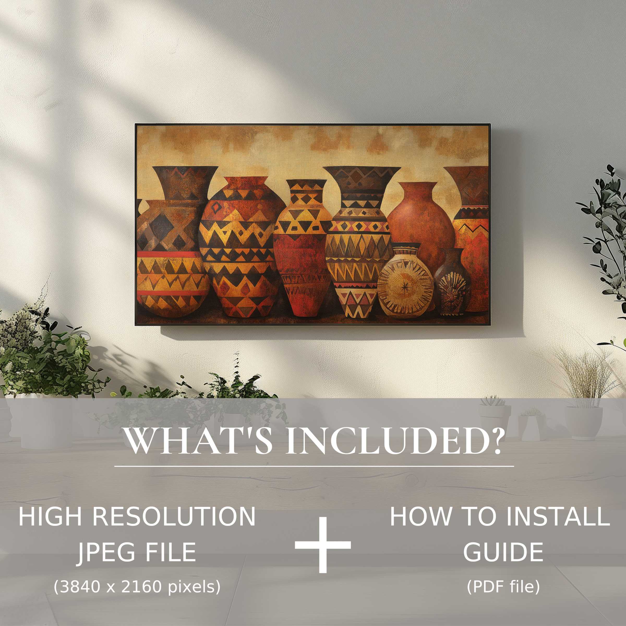 Elegant boho digital TV art download showcasing tribal vases, easily enhancing modern living spaces with effortless digital use