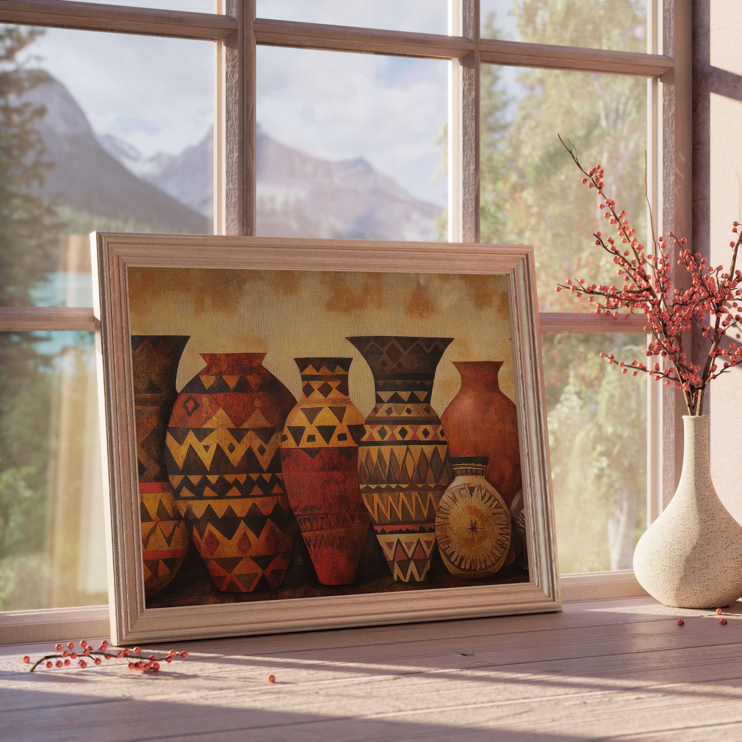 Warm, earthy boho downloadable art featuring tribal pottery silhouettes, perfect for elevating curated, tranquil living spaces