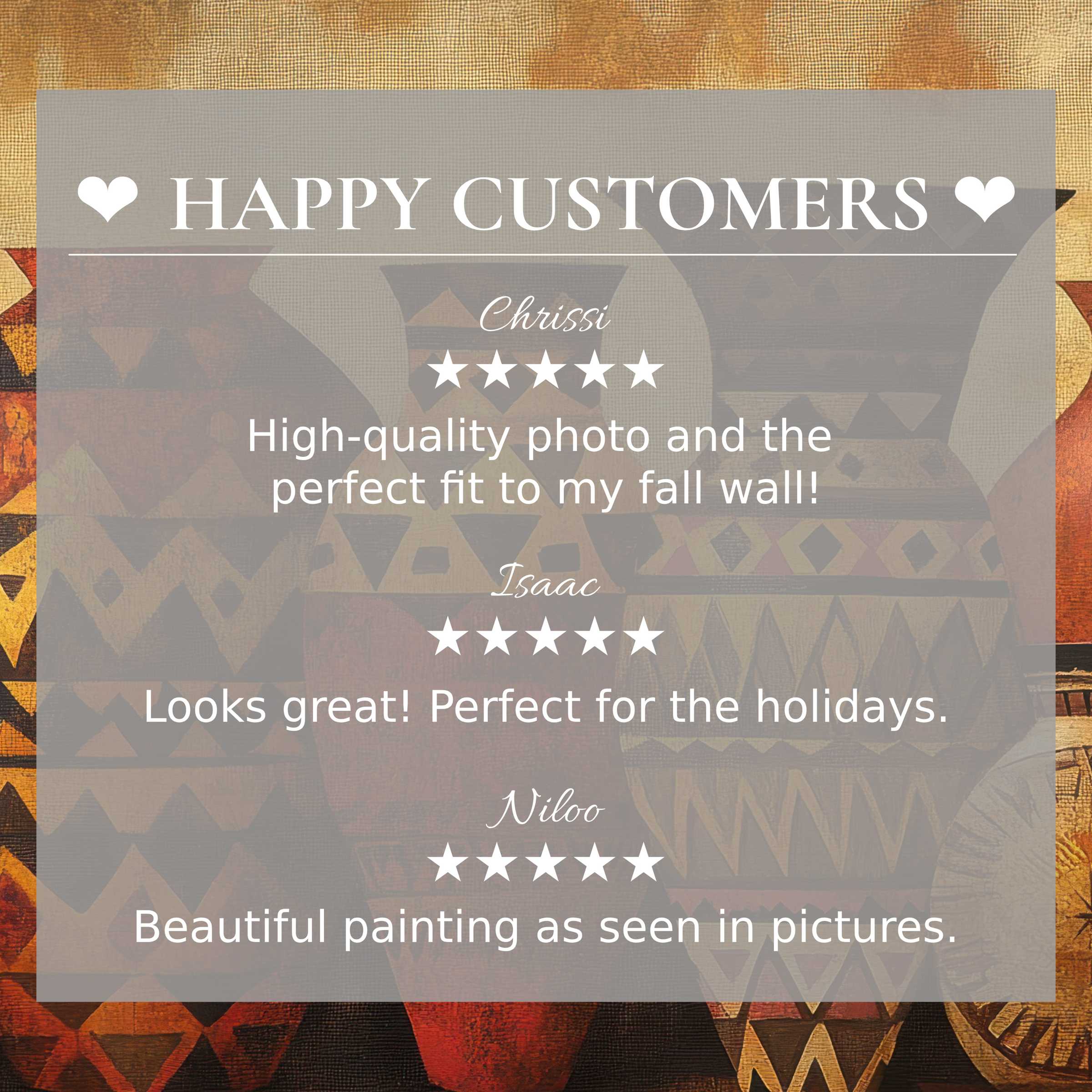 Boho art for Frame TV with abstract sunset hues, showcasing happy customer reviews and elegant, trust-building design