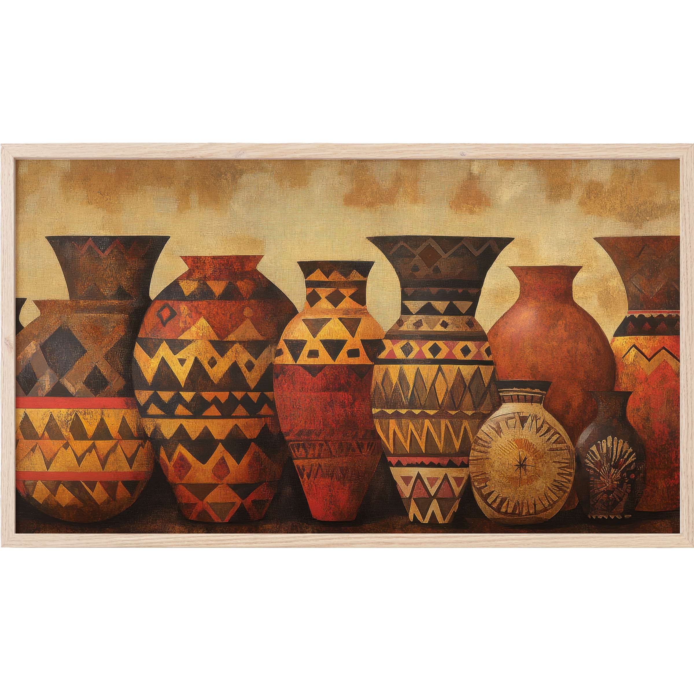 Boho Frame TV Art featuring warm, earthy-toned tribal vases in rich terracotta and ochre hues with geometric patterns
