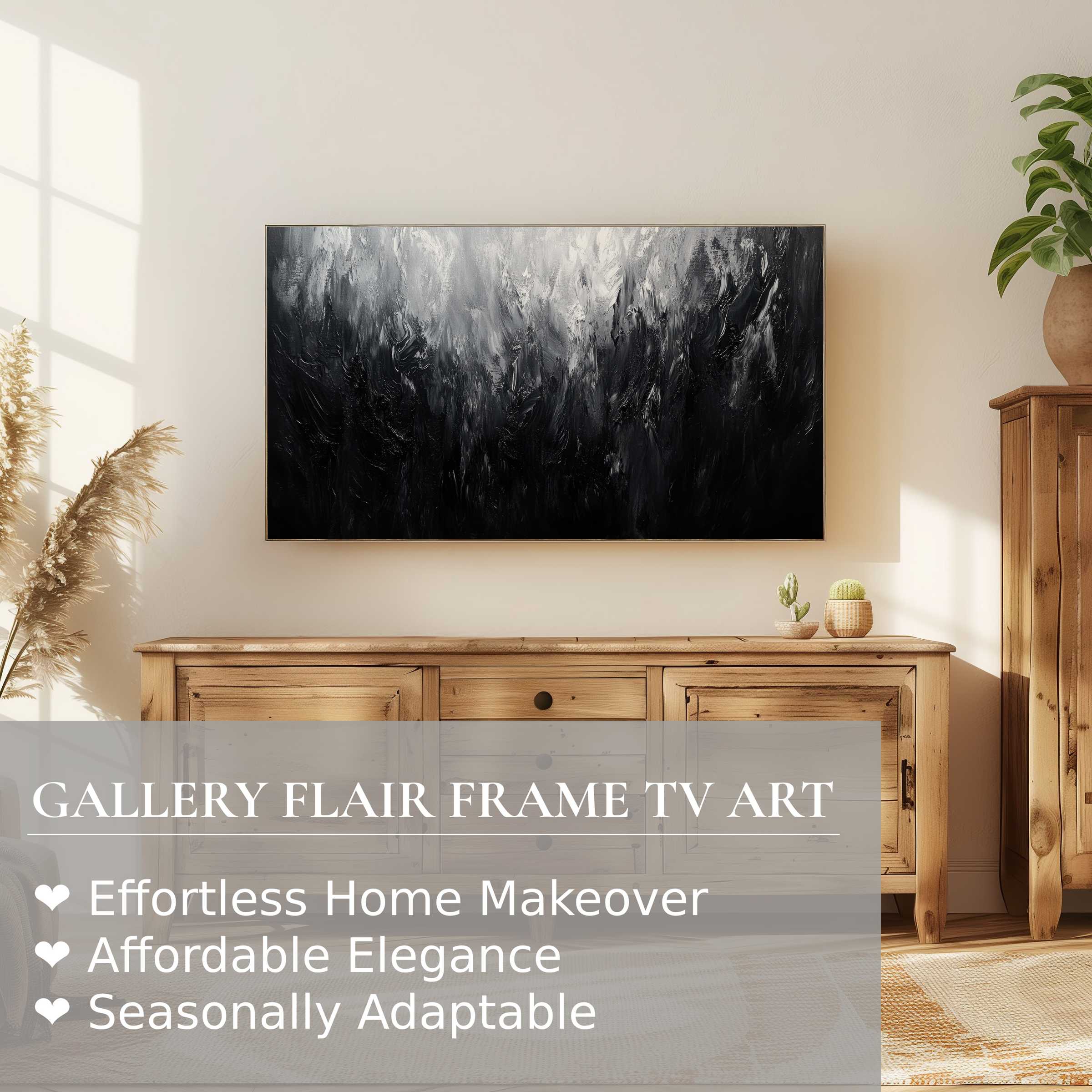 Samsung Frame TV in warm natural space with black and white digital artwork, blending modern elegance and rustic charm