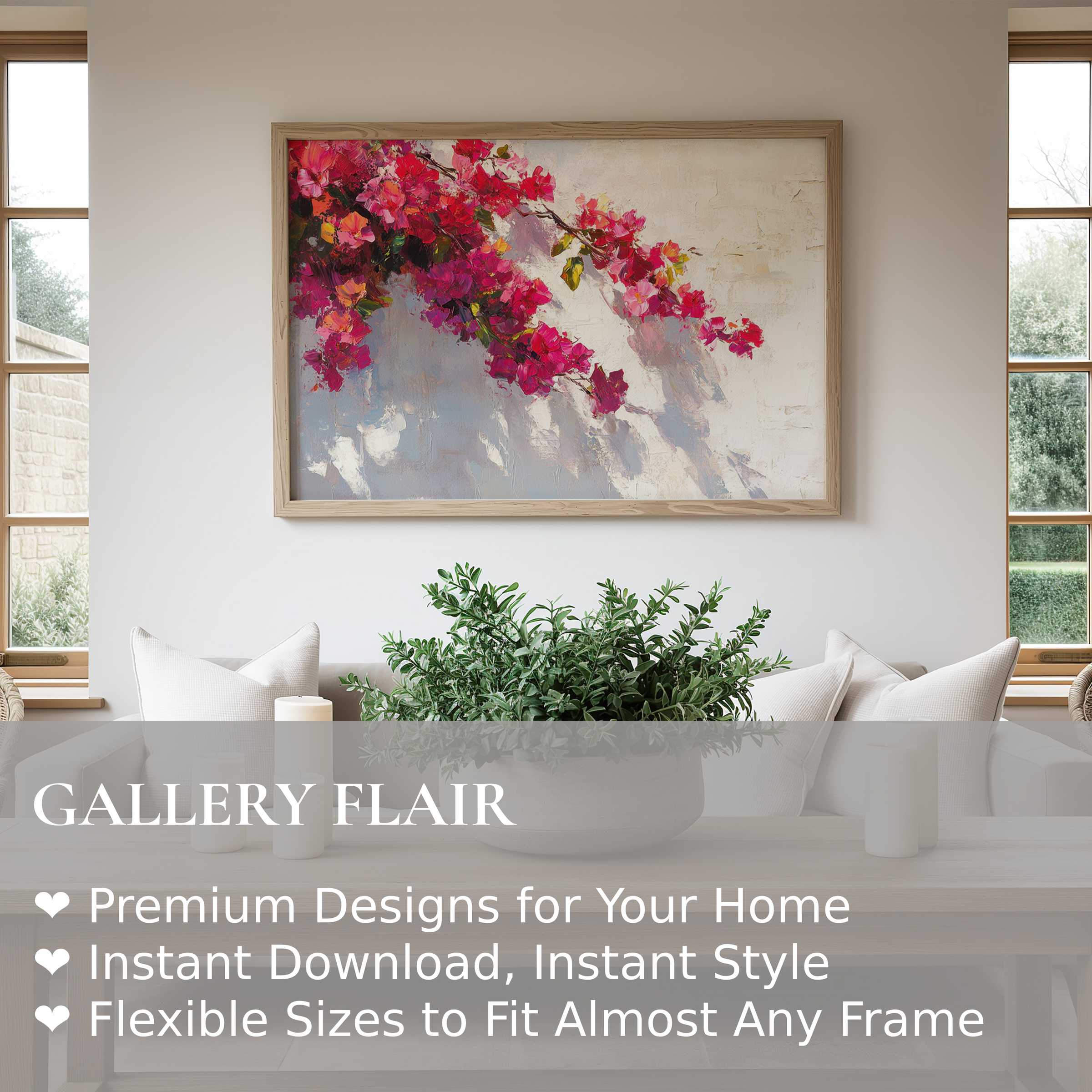 Botanical wall art print featuring vibrant pink blossoms with textured brushstrokes, enhancing serene modern living spaces