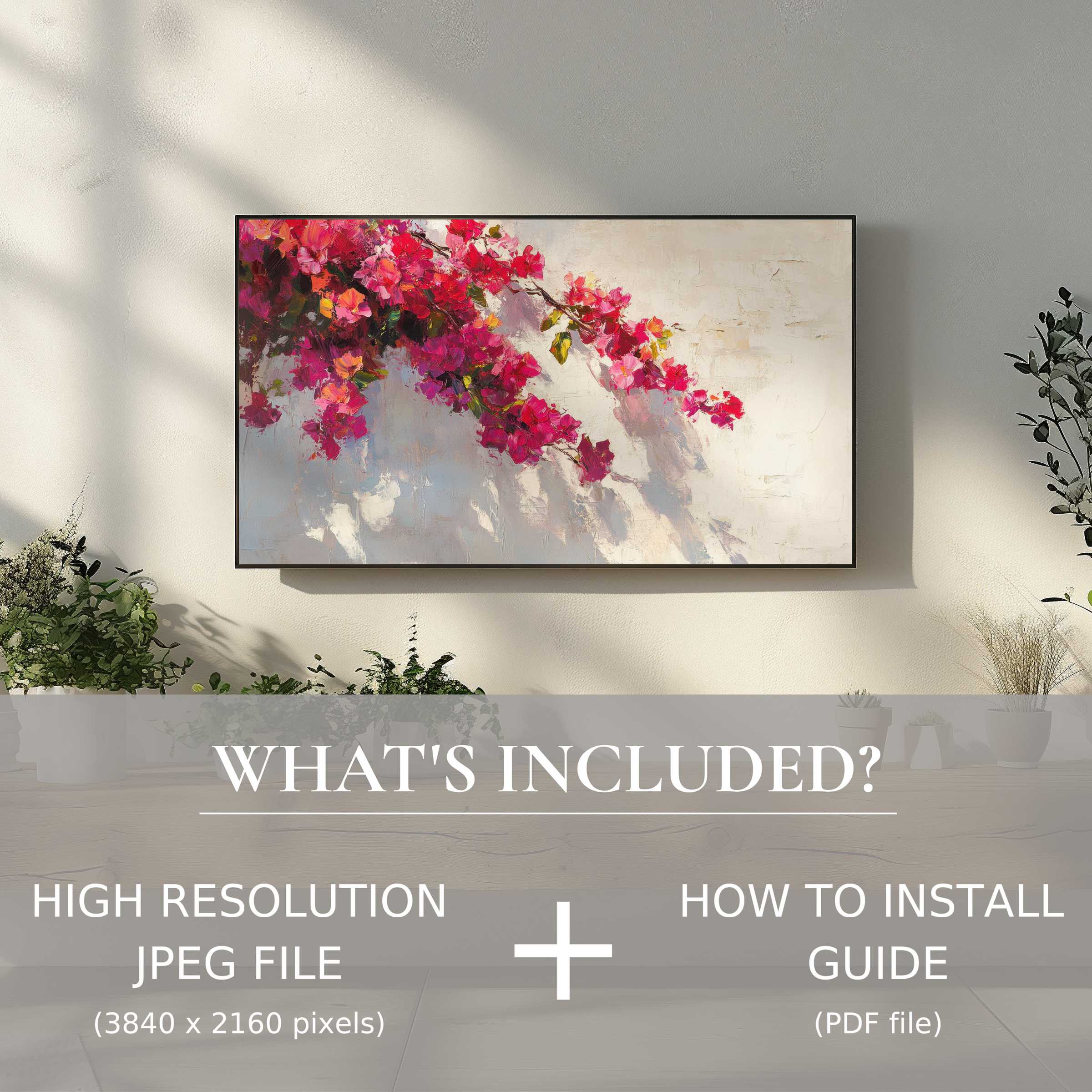 Elegant botanical digital TV art download featuring vibrant florals, easy digital use enhances your stylish living space