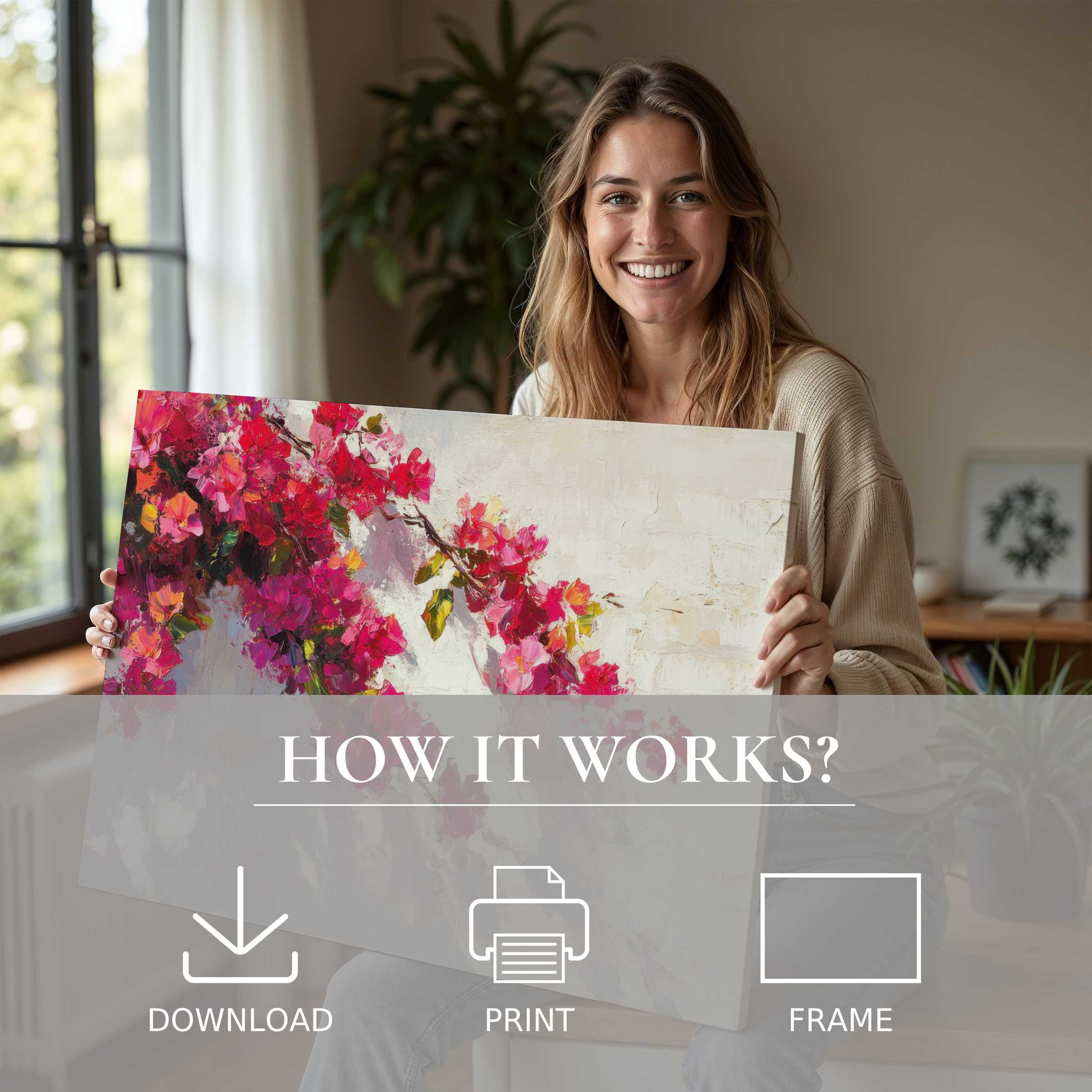 Botanical digital art print brightens a modern home with vibrant blooms, evoking joy and effortless elegance in living with art