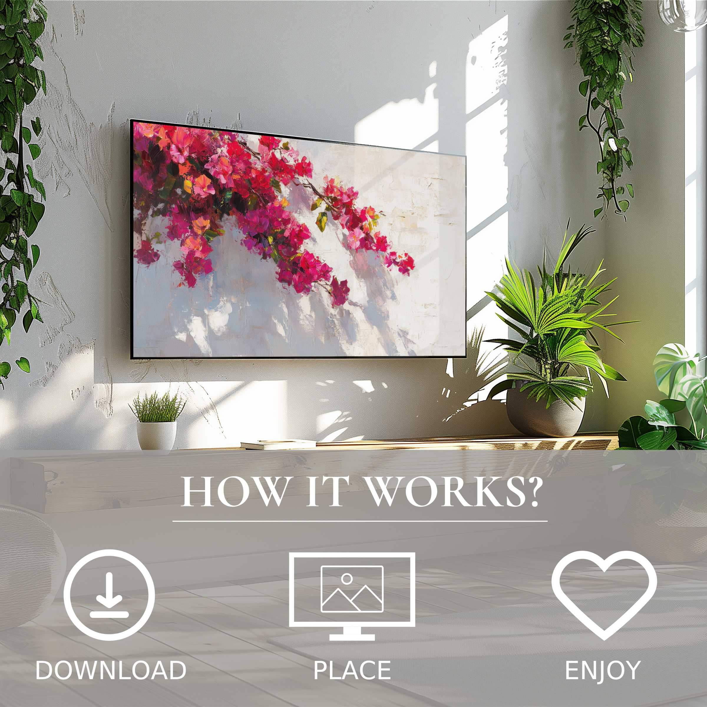 Botanical art for Samsung TV with vibrant pink blooms; easy digital download enriches modern living spaces