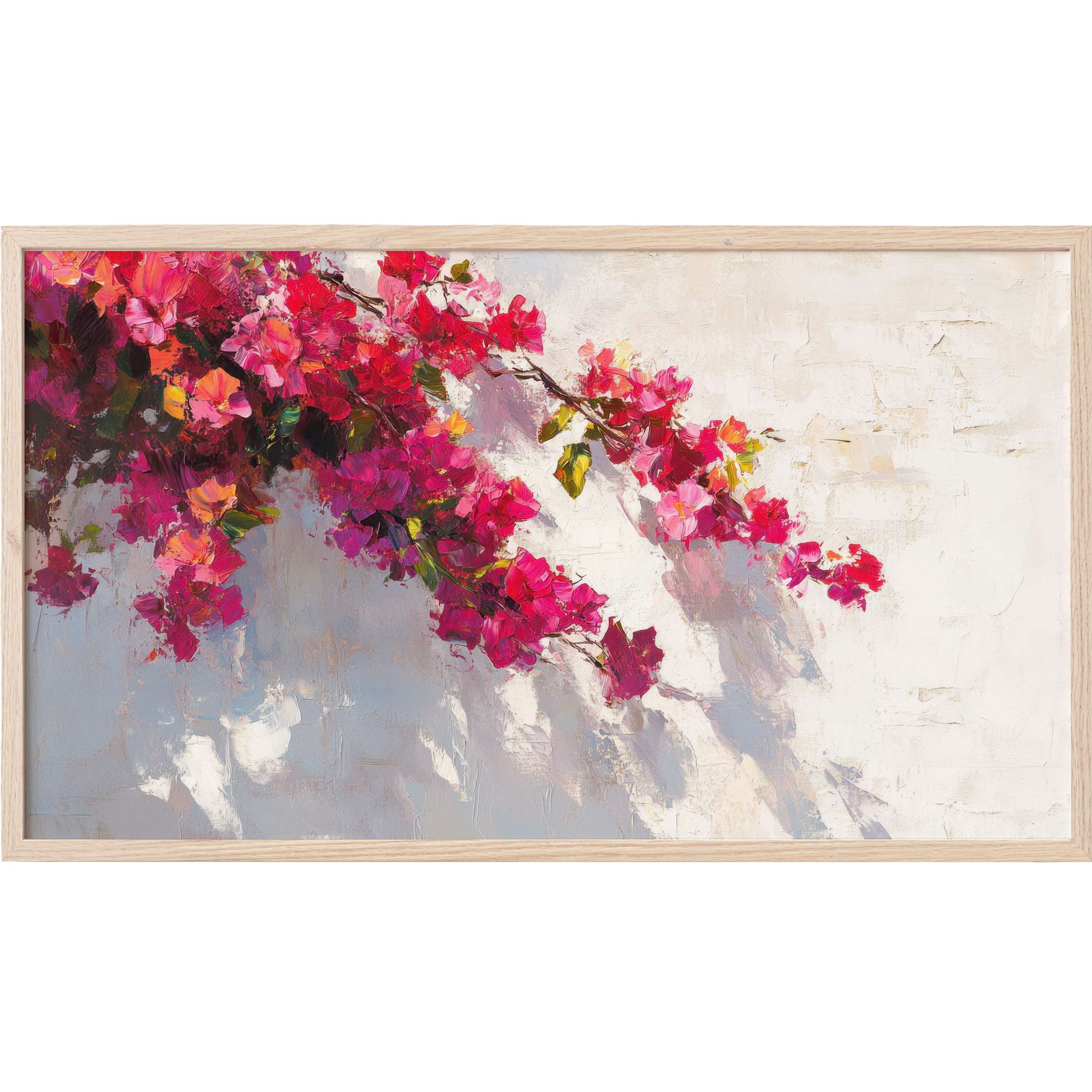 Botanical Frame TV Art with vibrant pink and red blossoms against a soft, textured neutral background