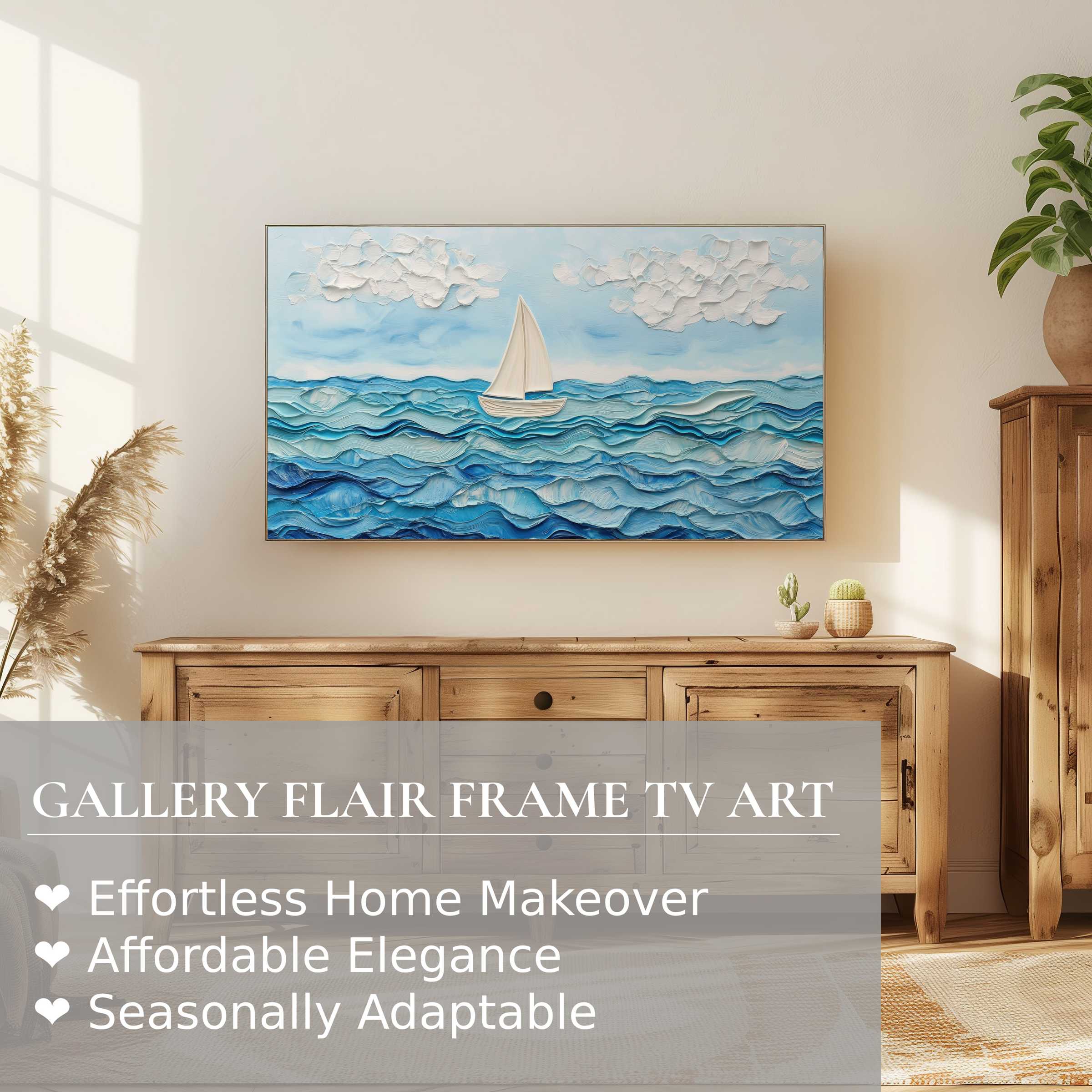 Minimalist nursery digital artwork of serene sea waves displayed on Samsung Frame TV in elegant room décor