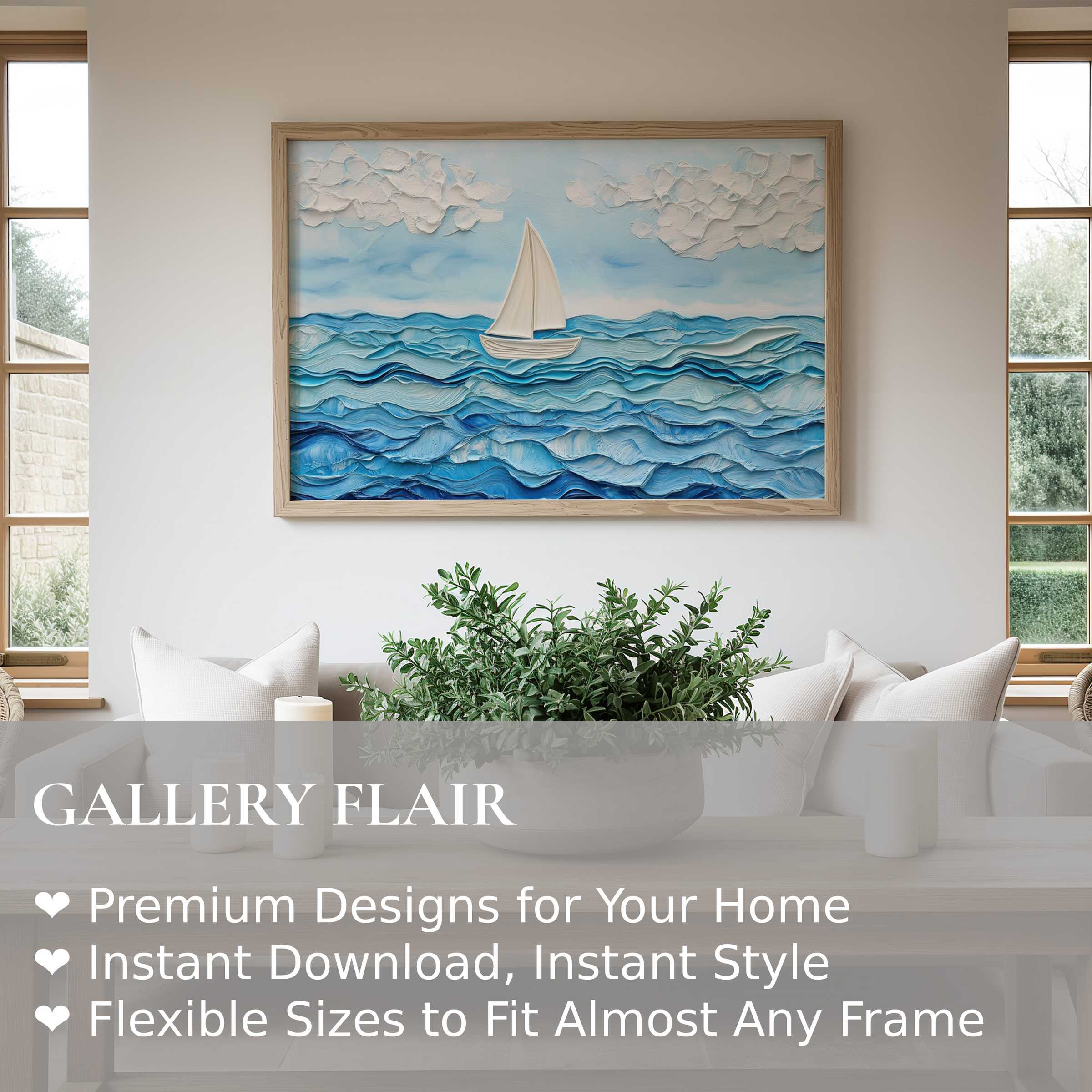 Serene nursery wall art print featuring textured ocean waves and a sailboat, enhancing modern coastal and calming nursery decor