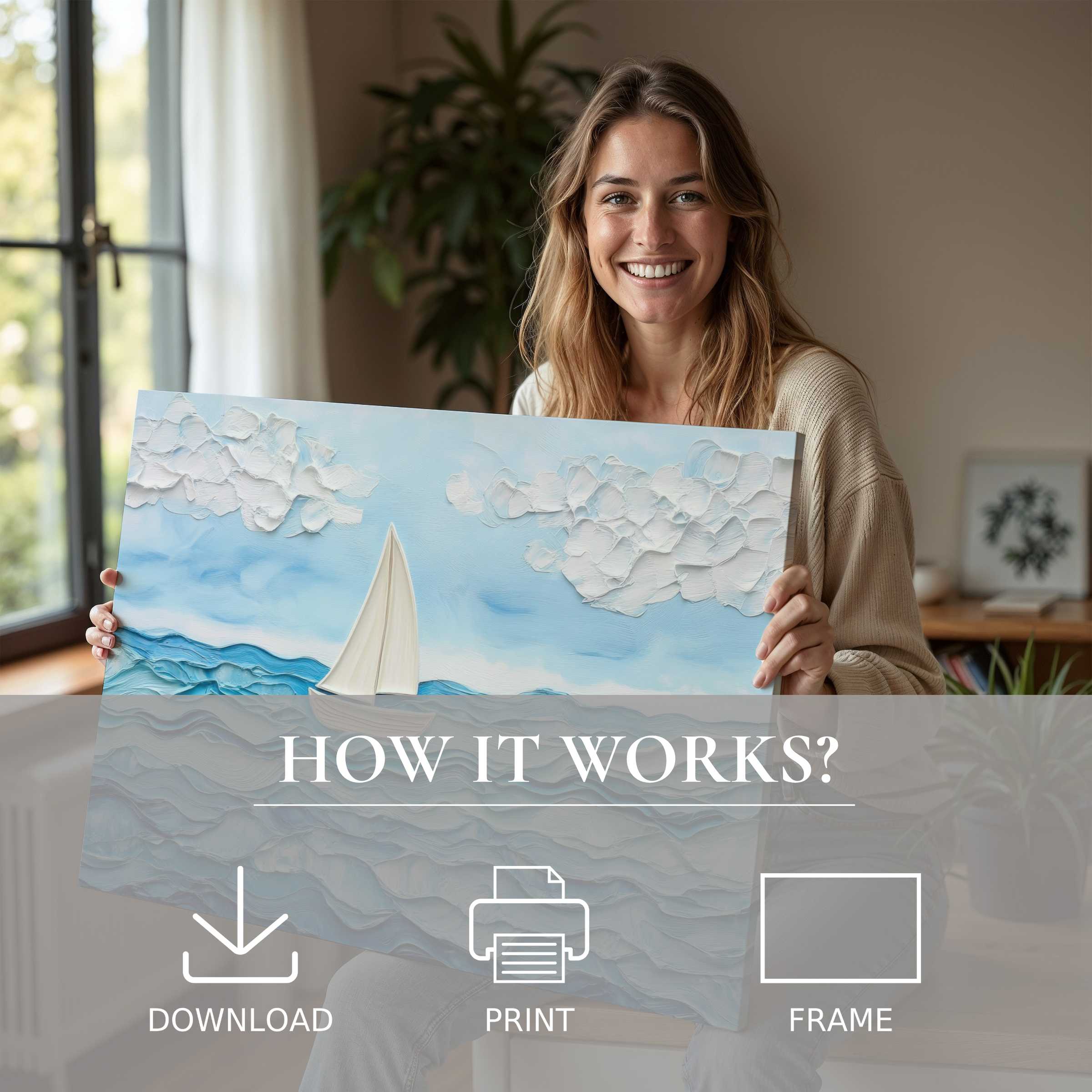 Radiant joy meets serene elegance as a woman reveals a nursery digital art print, embodying effortless beauty in modern living