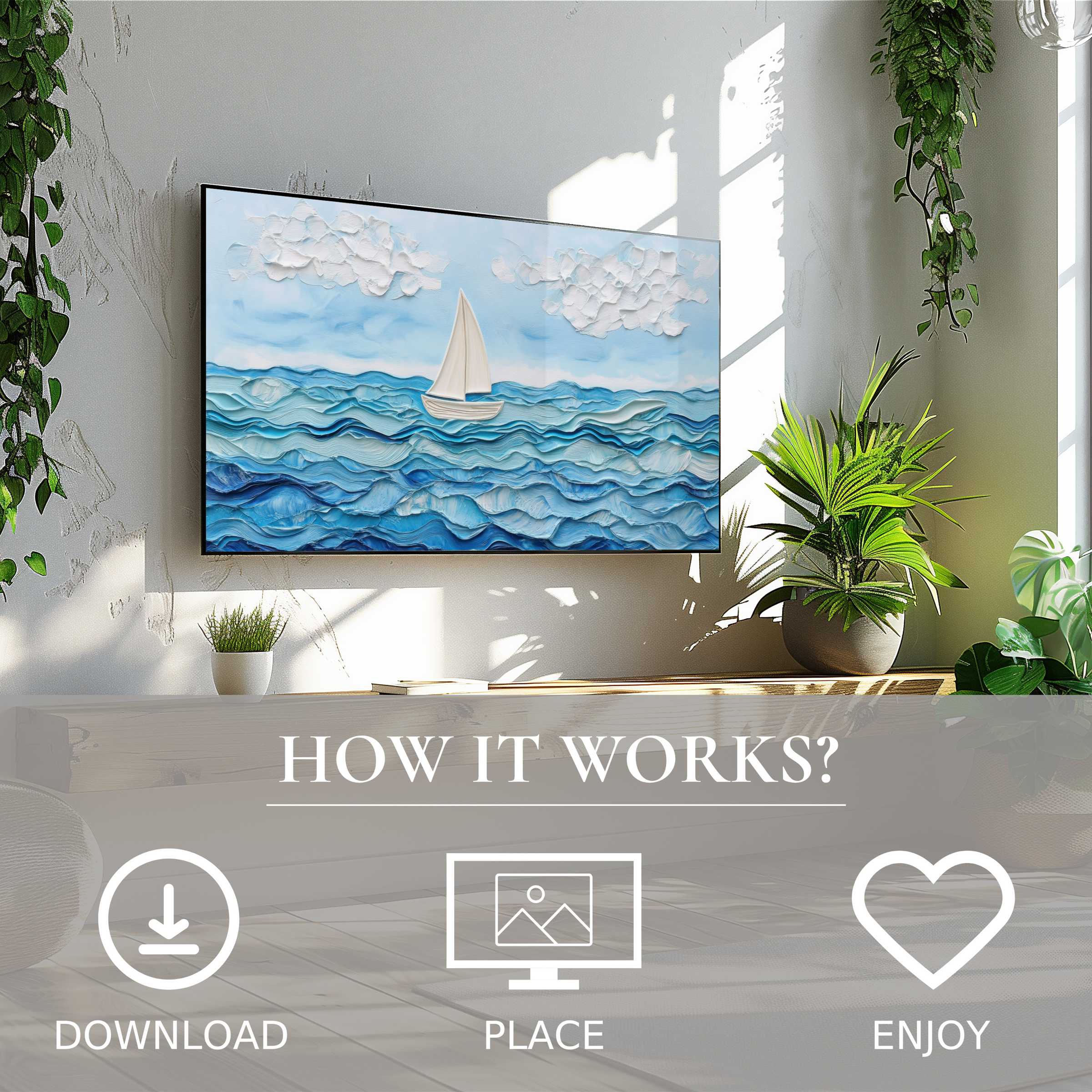 Nursery art for Samsung TV: easy digital download with calming blue waves and sailboat motif enriches modern spaces