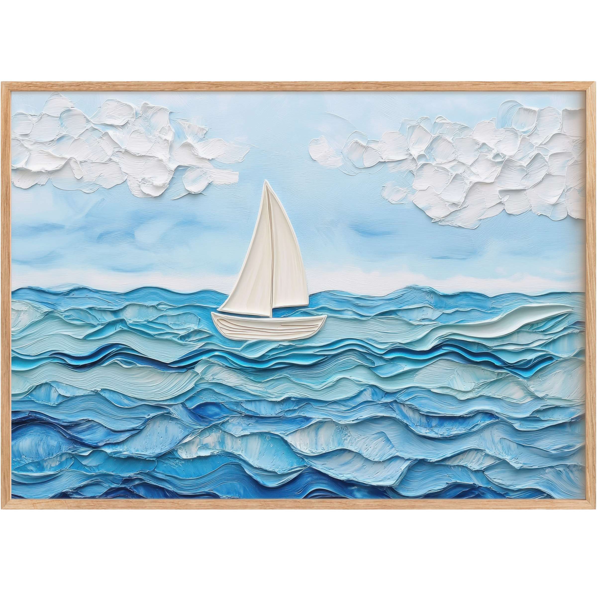 Serene nursery printable wall art featuring a graceful sailboat on textured blue waves and soft, billowy white clouds
