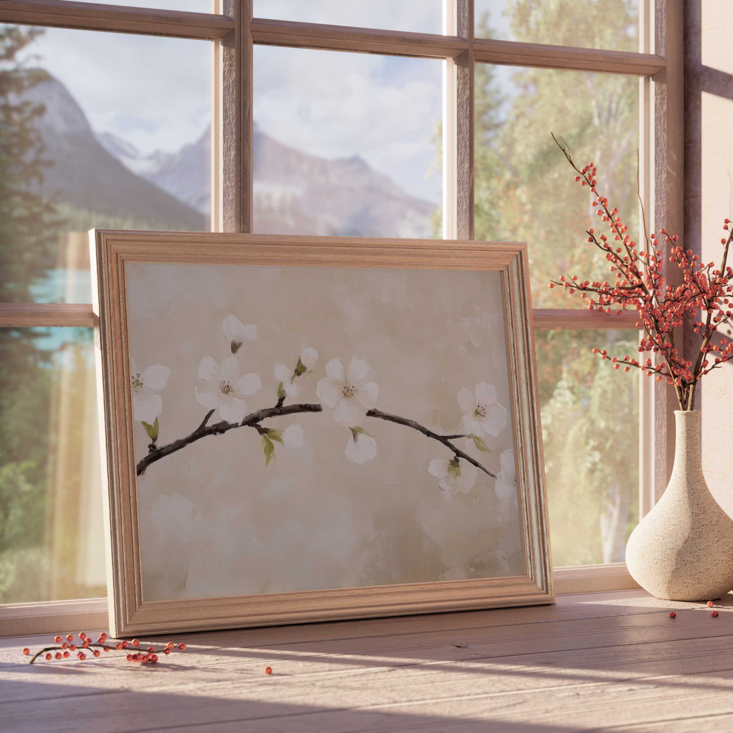 Delicate spring downloadable art with serene white blossoms, perfect for elevating curated, tranquil, design-forward interiors