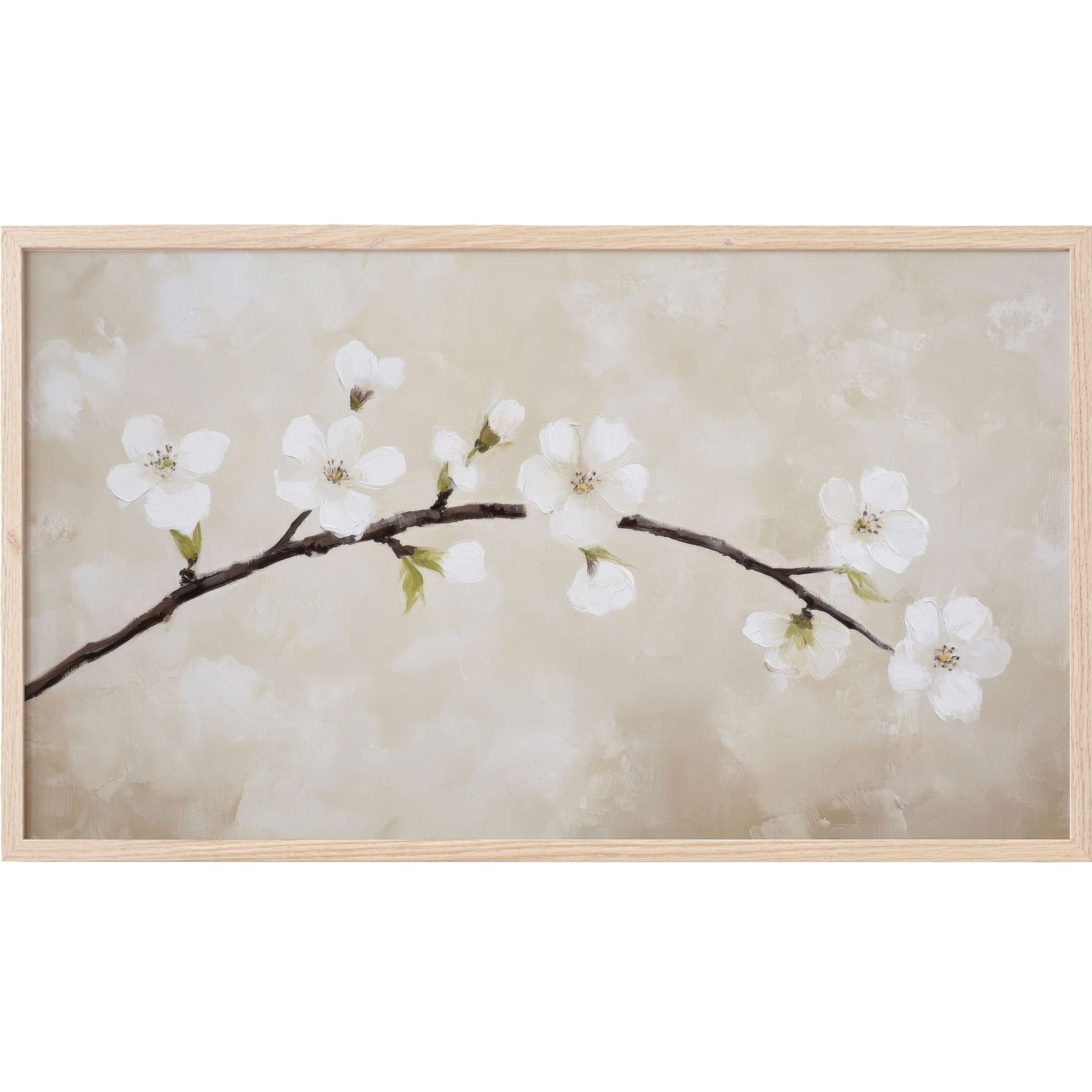 Minimalist spring Frame TV Art depicting a delicate branch with soft white blossoms on a muted beige background